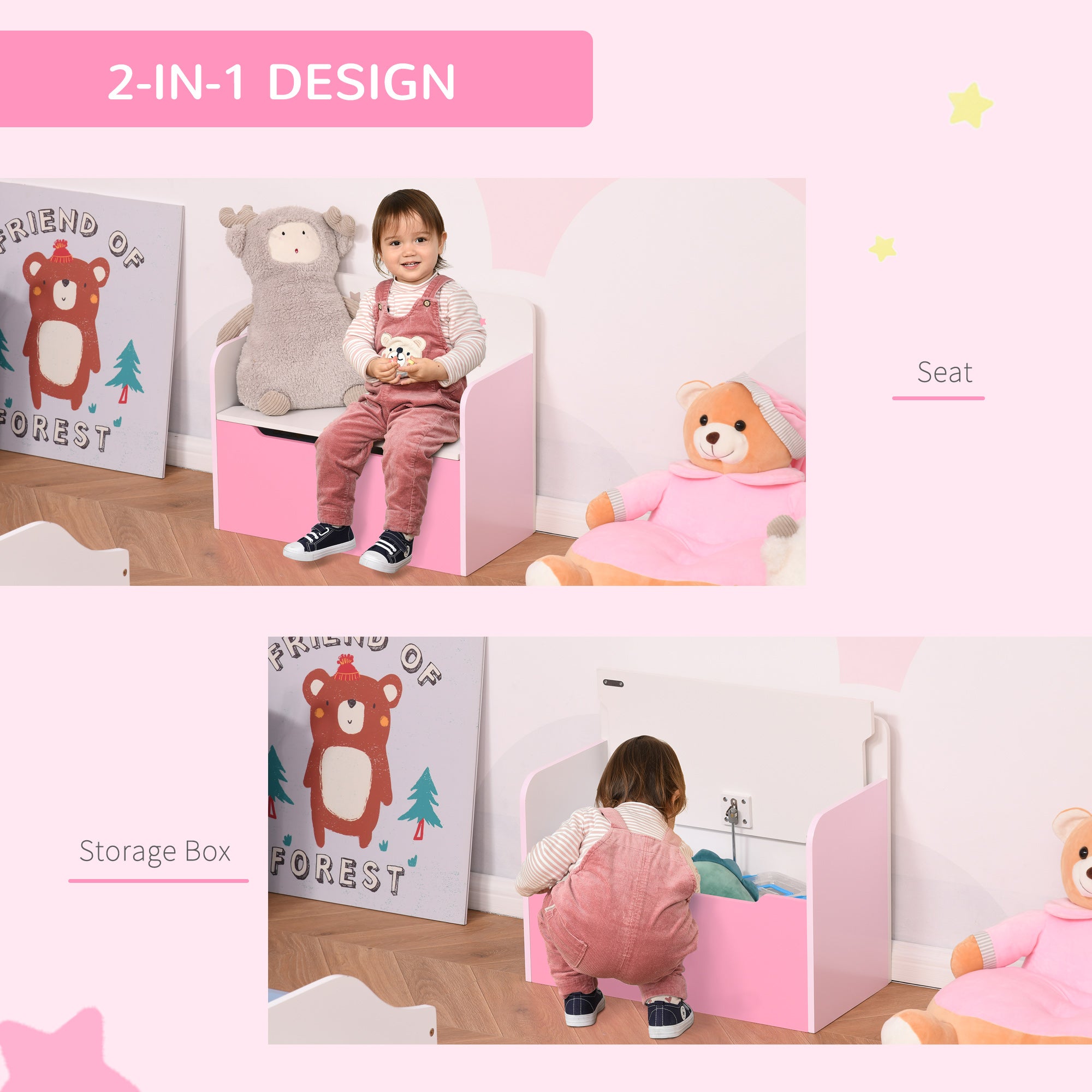 HOMCOM Kids Wooden Toy Box Children Storage Chest Bench Organiser Safety Hinge Bedroom Playroom Furniture Pink - North Peak Garden Furniture
