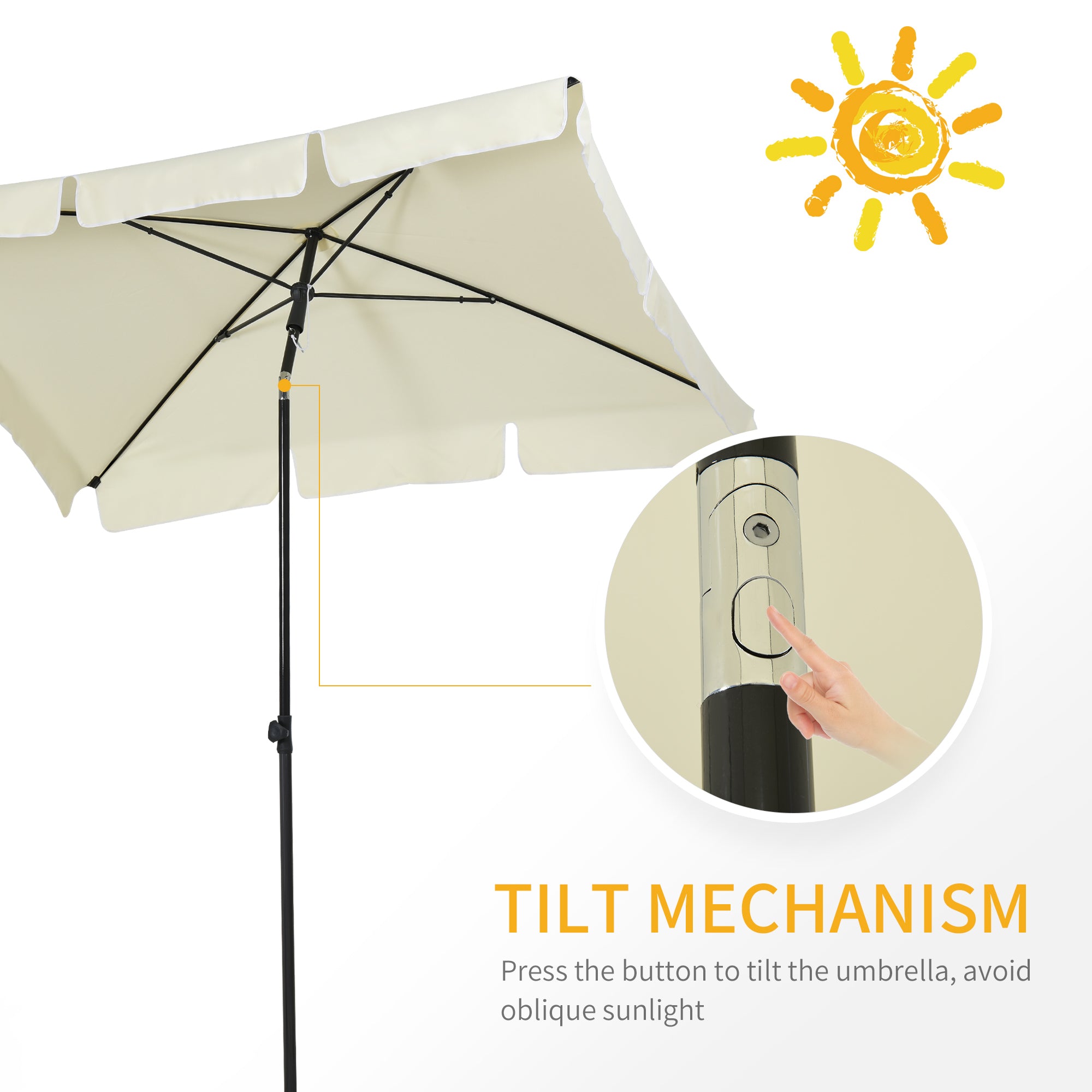 Outsunny Garden Parasol Umbrella, Outdoor Market Table Umbrella with Ruffles & Aluminium Pole, Rectangular Tilting Parasol Sun Shade Canopy, 2 x 1.3m, Cream White - North Peak Garden Furniture