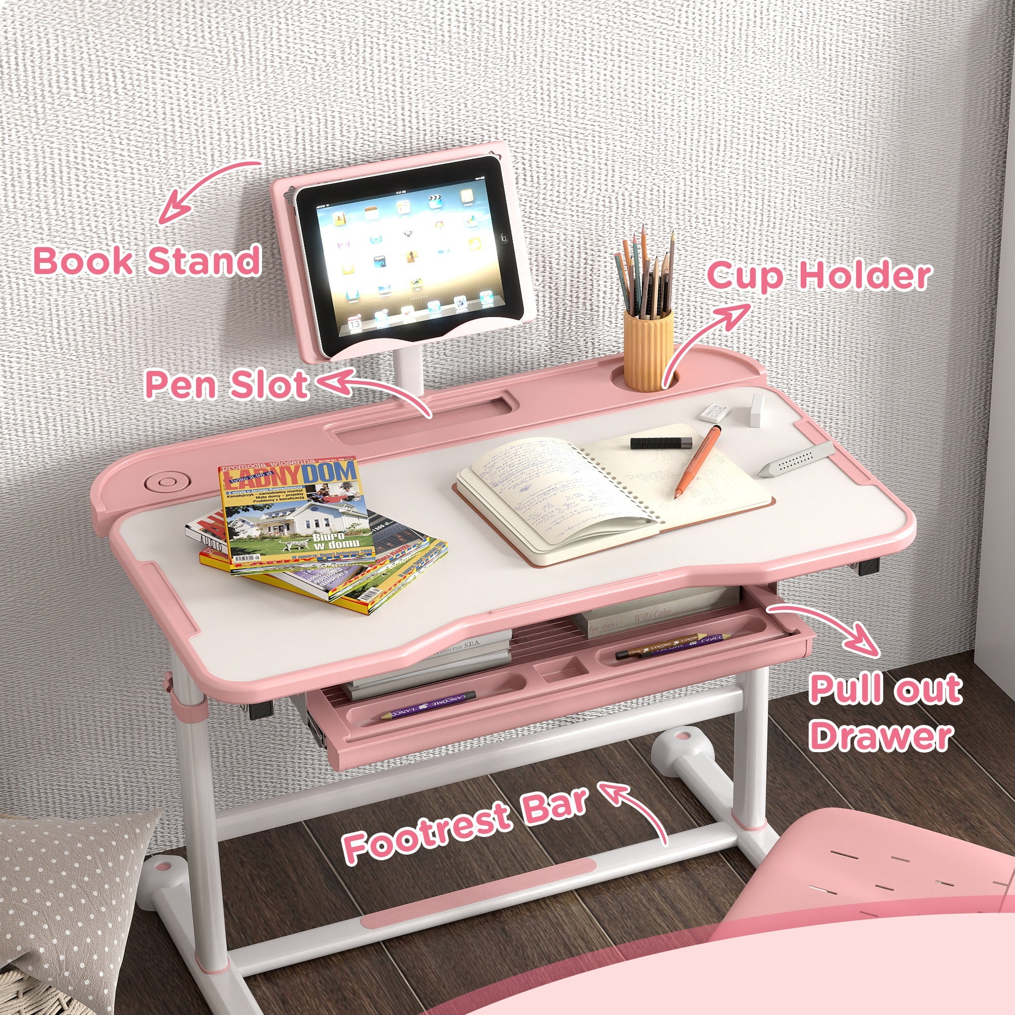 AIYAPLAY Height Adjustable Kids Desk and Chair Set, School Study Writing, Reading Table Chair Set w/ Tilted Desktop, Pink - North Peak Garden Furniture