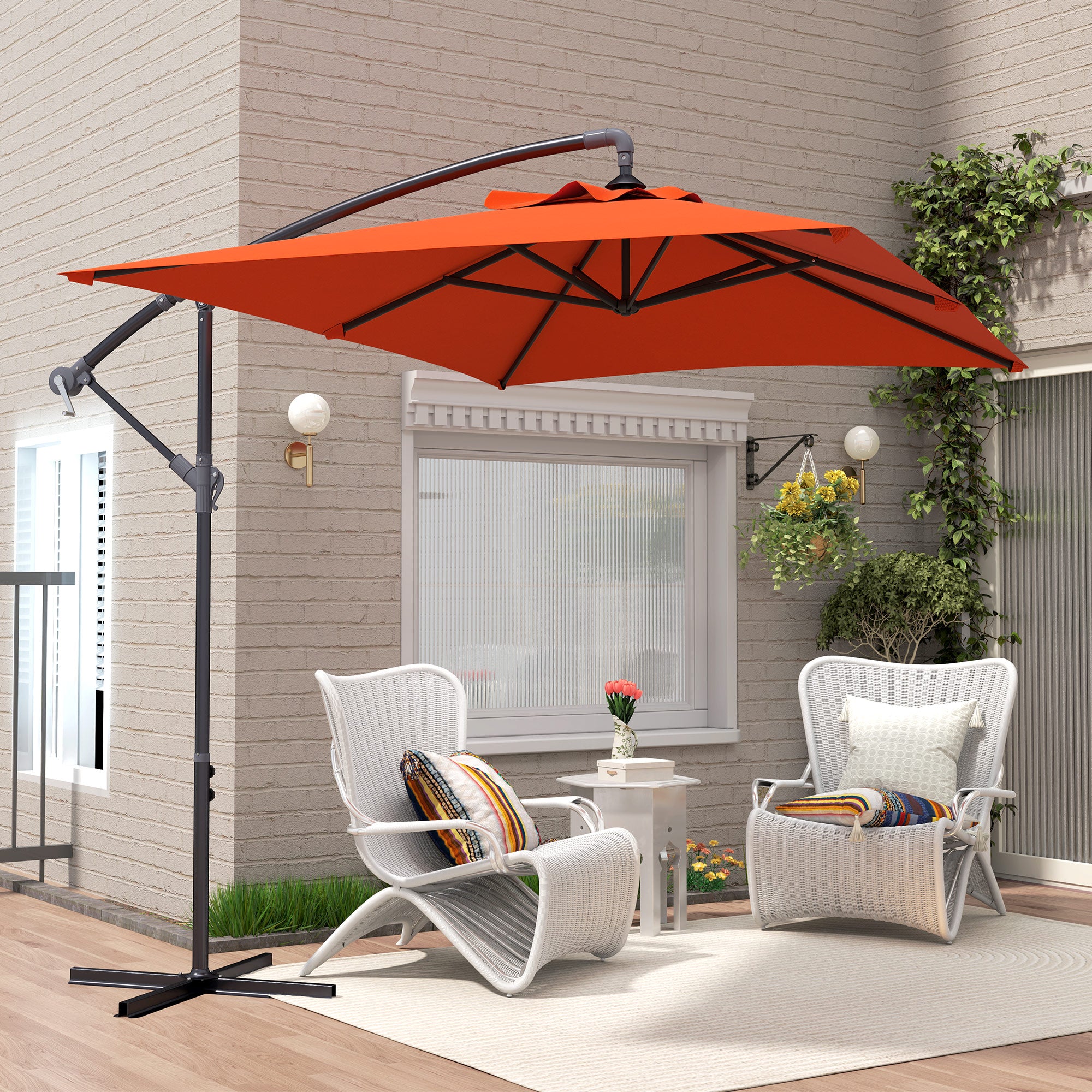 Outsunny 3(m) Cantilever Overhanging Parasol, with Cross Base - Orange - North Peak Garden Furniture