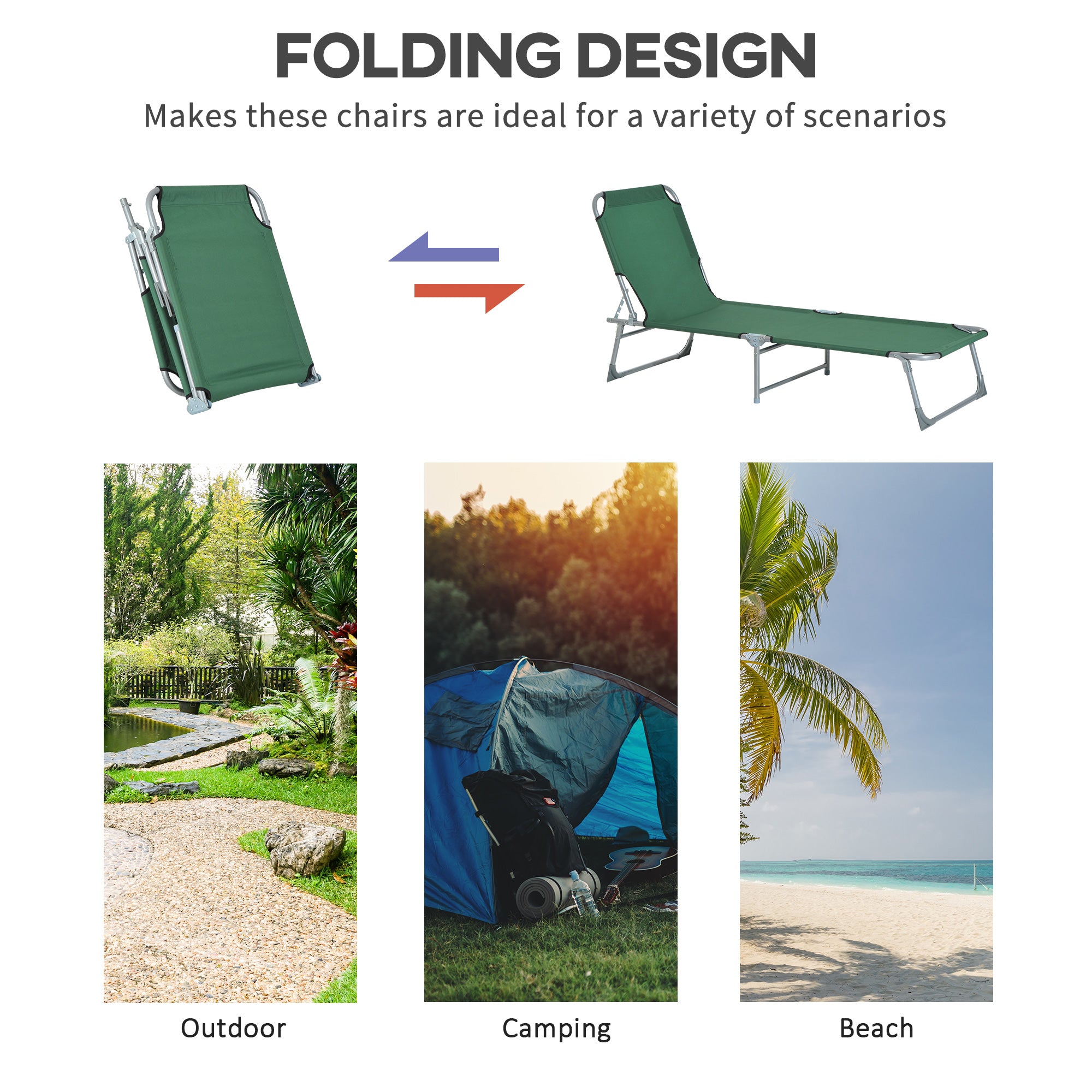Outsunny Reclining Sun Lounger Chair Folding Camping Bed with 4-Position Adjustable Backrest, for Travel Indoor Outdoor Office Fishing, Green - North Peak Garden Furniture