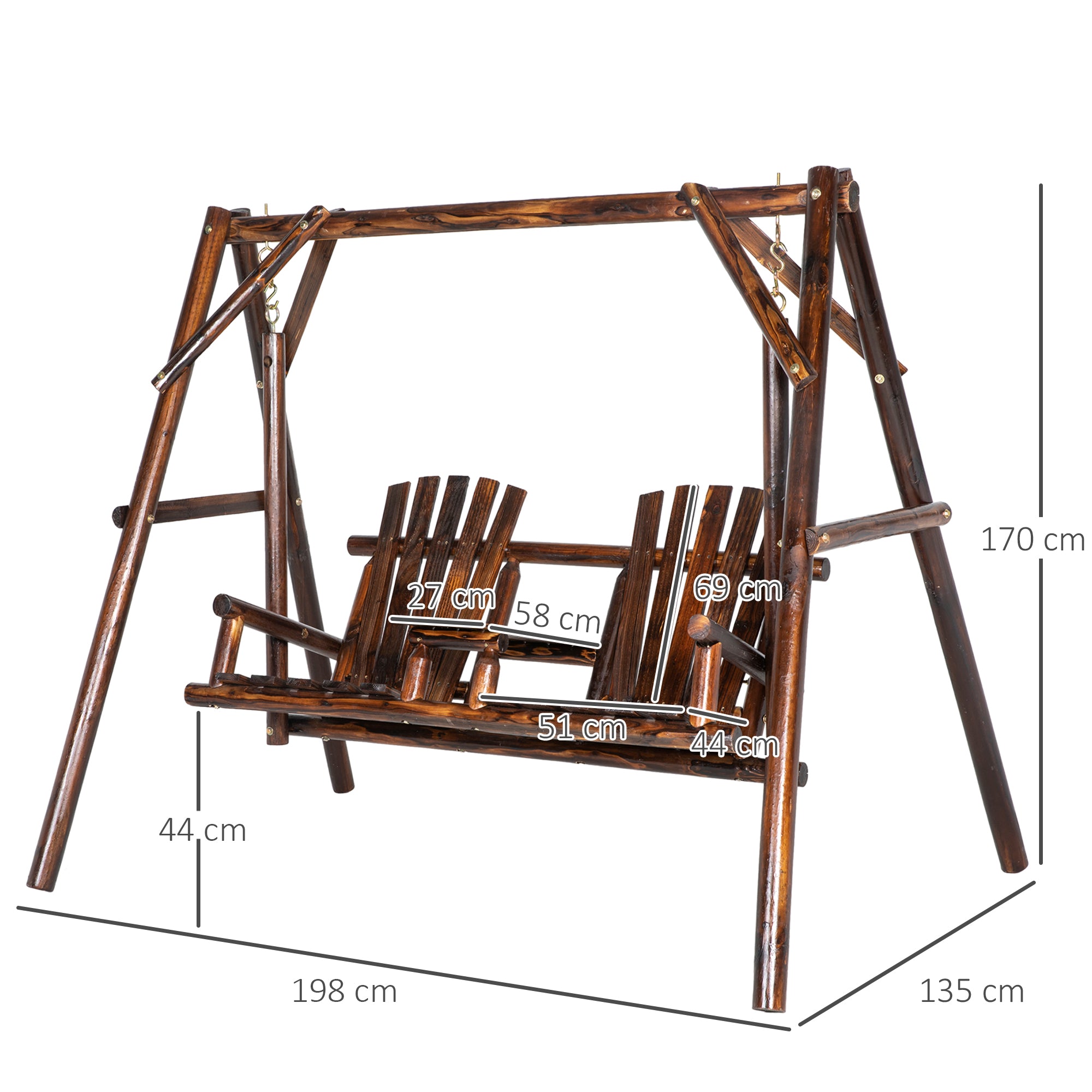 Outsunny 2 Seater Garden Swing Seat Larch Wood Outdoor Swing Chair, 2 Single Seats Hammock Bench Lounger with Middle Table