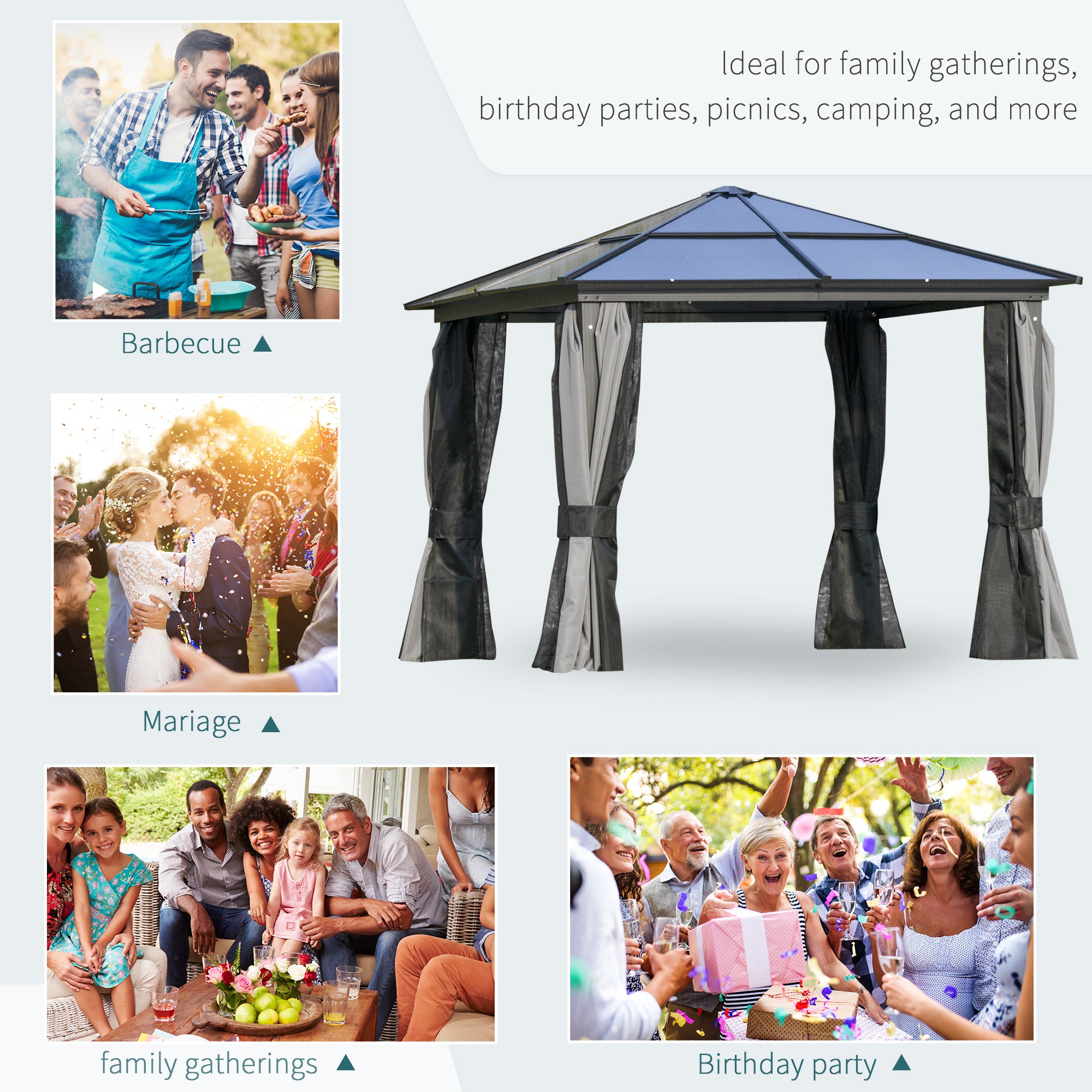 Outsunny 3 x 3(m) Hardtop Gazebo Canopy with Polycarbonate Roof, Aluminium Frame, Permanent Pavilion Garden Gazebo with Netting and Curtains for Patio, Deck, Dark Grey - North Peak Garden Furniture