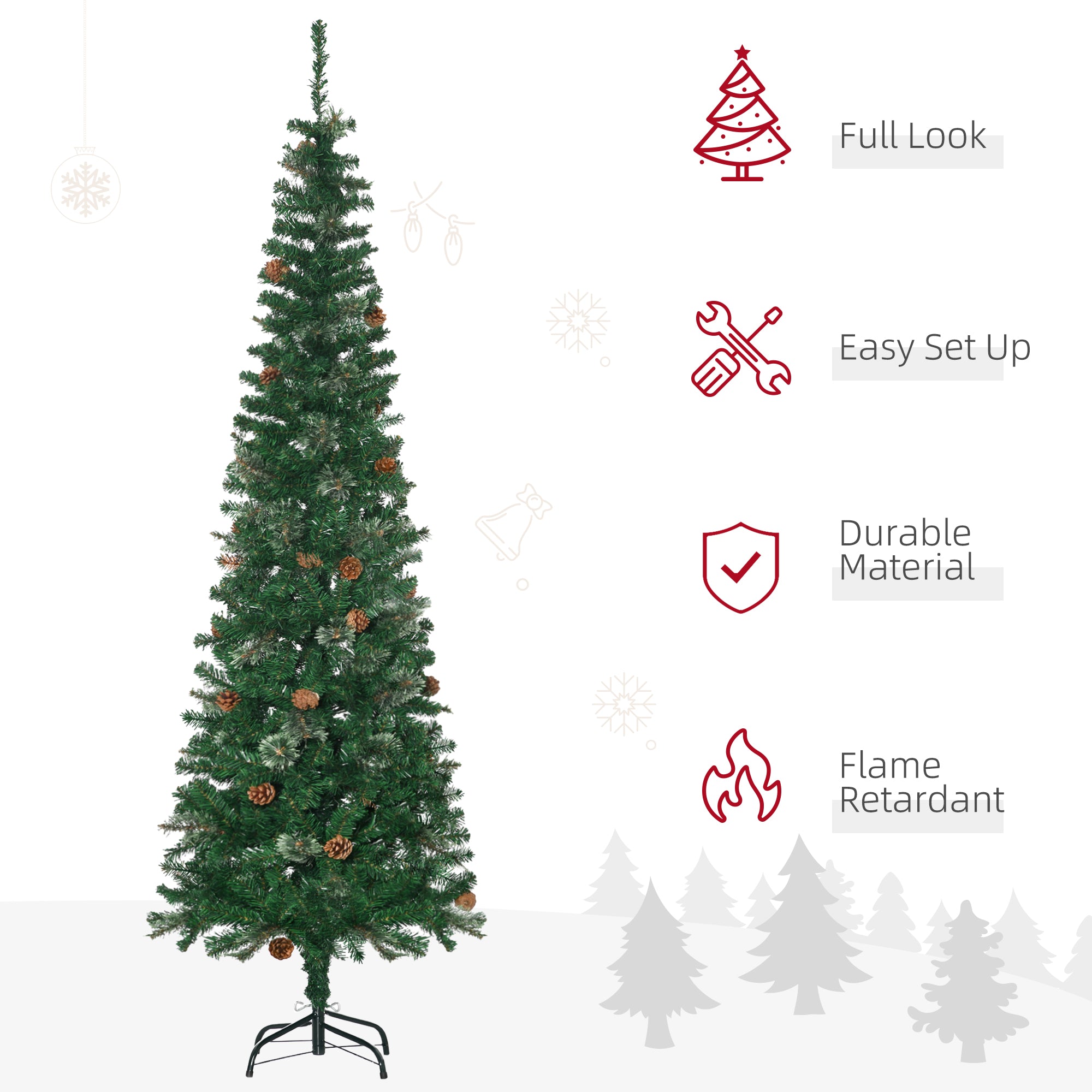 HOMCOM 6.5FT Tall Pencil Slim Artificial Christmas Tree with Realistic Branches, Tip Count and Pine Cones, Pine Needles Tree, Xmas Decoration, Green - North Peak Garden Furniture
