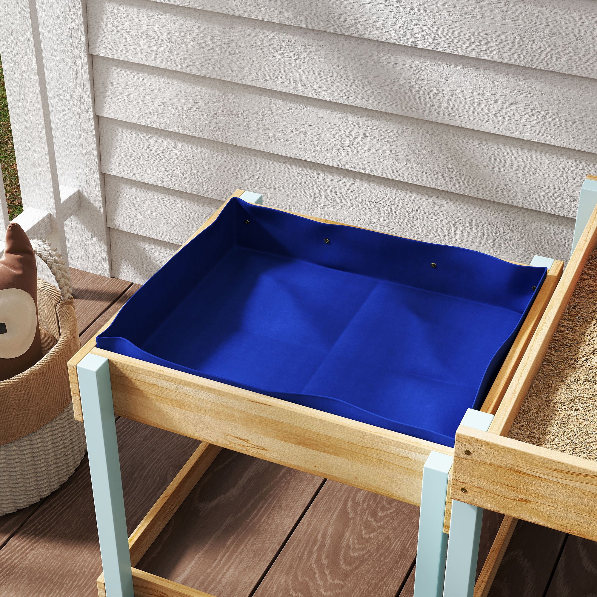 AIYAPLAY 2 PCS Wooden Outdoor Sand and Water Play Tables with Bottom Liner for Kids Aged 3-8 Years Old, Natural Wood Finish - North Peak Garden Furniture