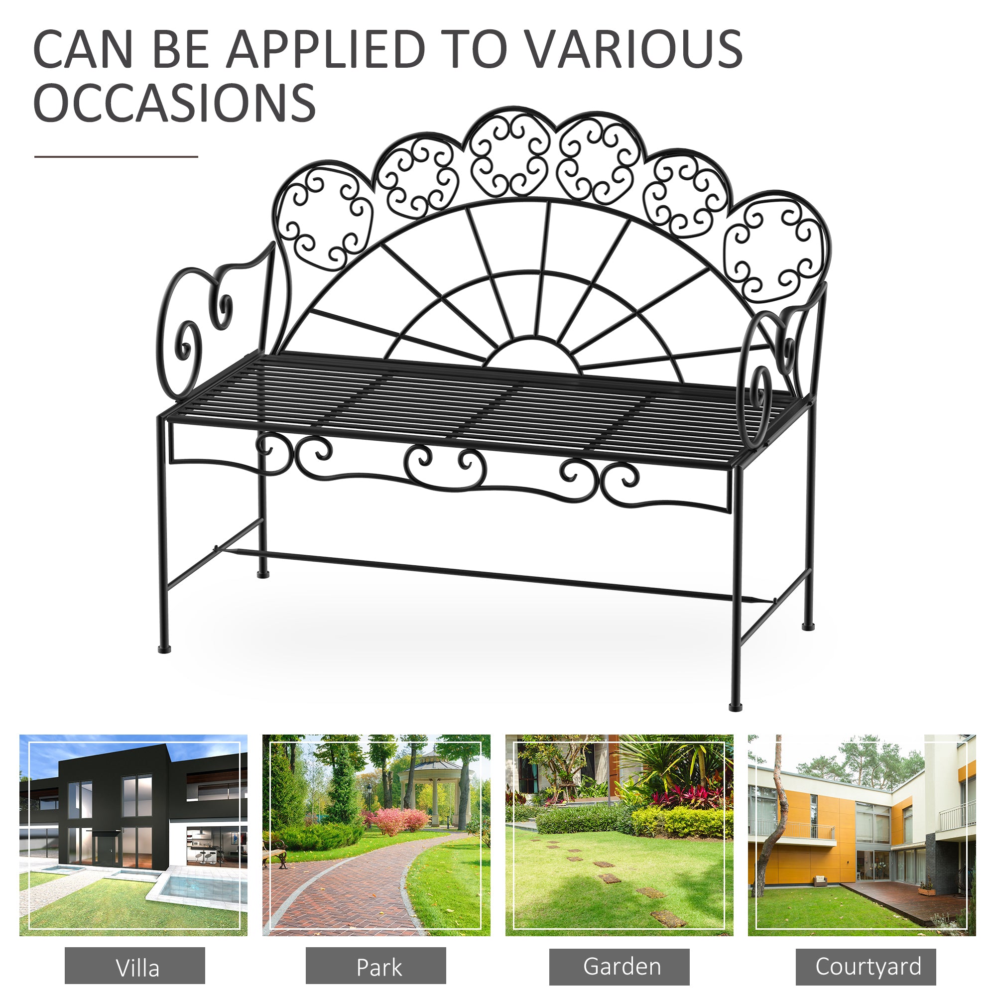 Outsunny Metal Garden Bench Loveseat with Slatted Seat, Black