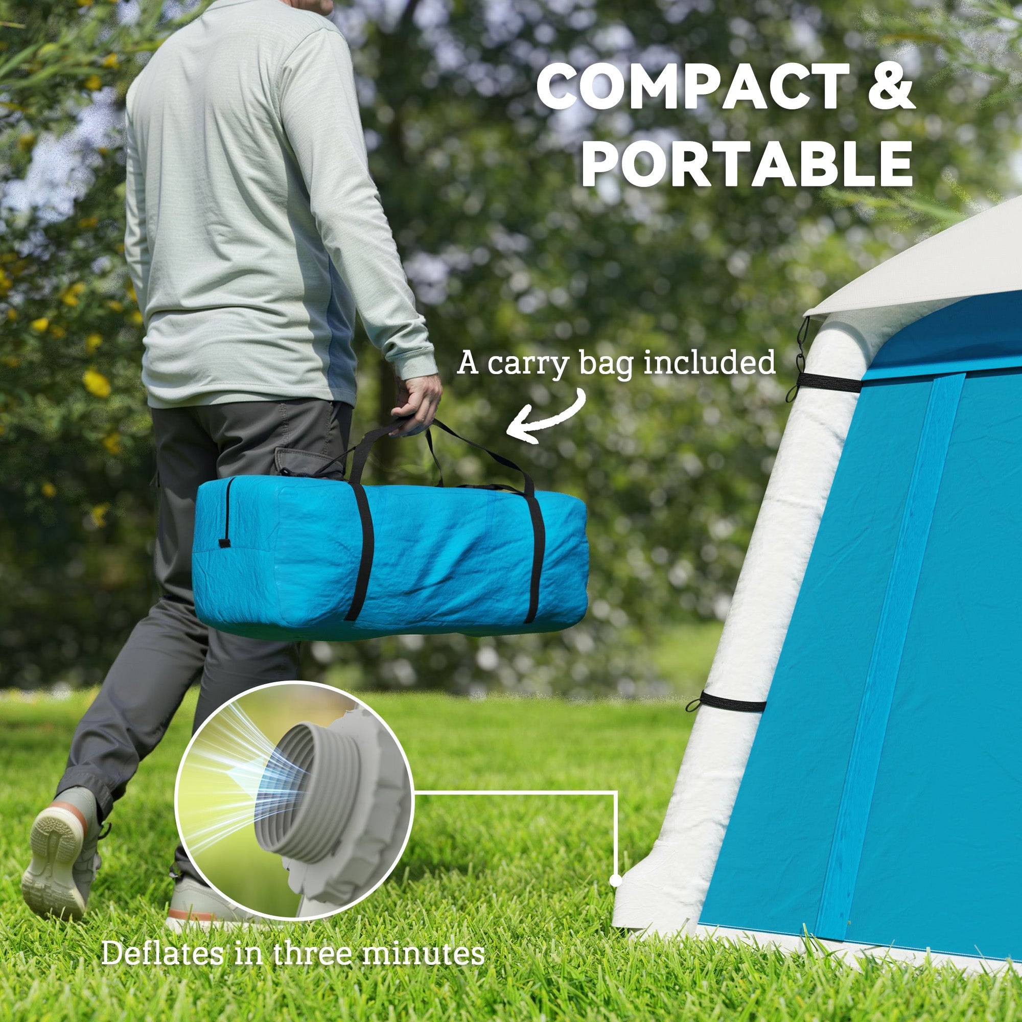Outsunny Inflatable Camping Tent w/ Hand Pump, Easy Setup 1/2 Person Blow Up Tent Waterproof 190T Taffeta w/ Mesh Windows, Doors and Carry Bag, Light Blue - North Peak Garden Furniture