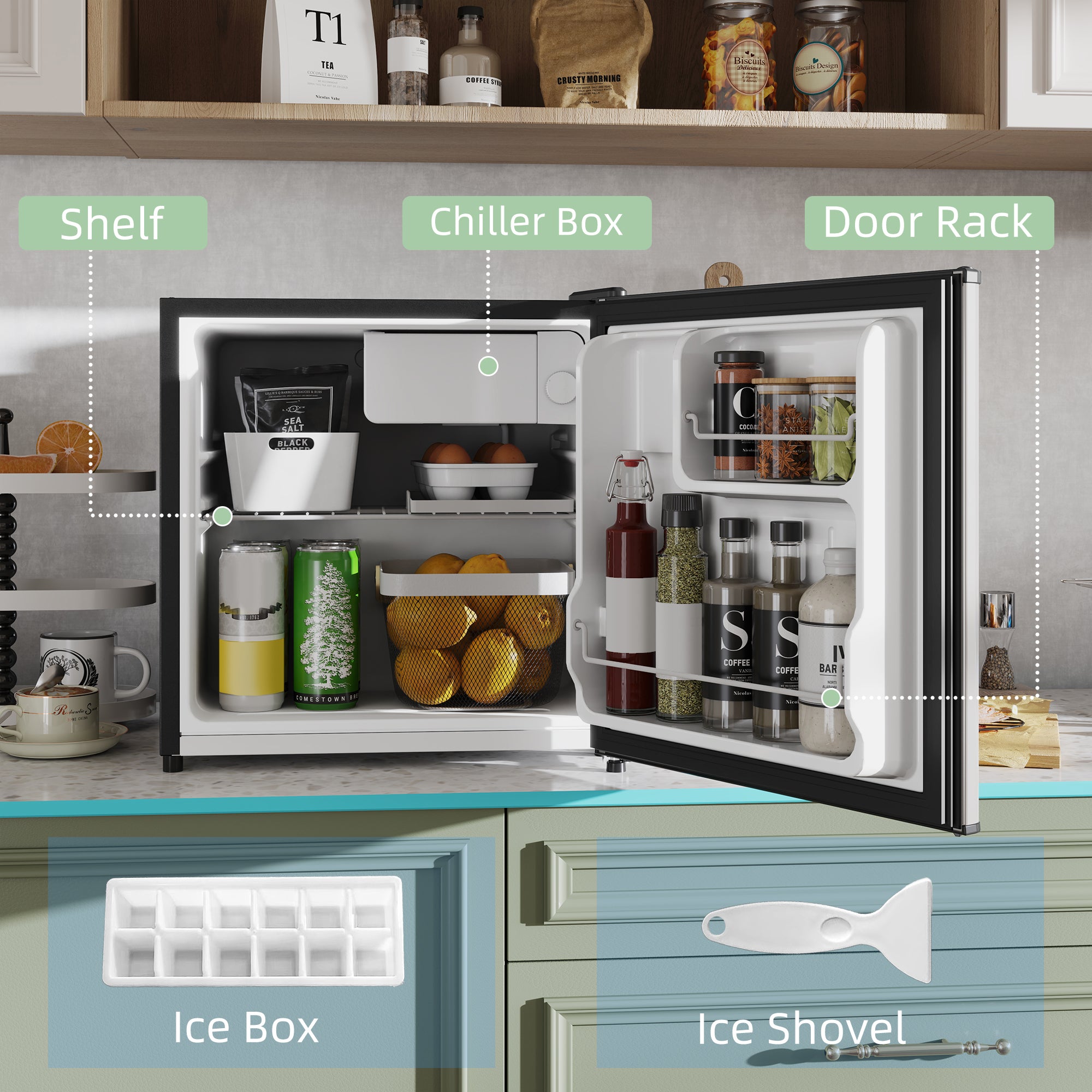 HOMCOM 46 Litre Table Top Mini Fridge, Small Fridge with Ice Box, Reversible Door, Adjustable Temperature and Legs for Bedrooms, Home Office, Silver Tone - North Peak Garden Furniture