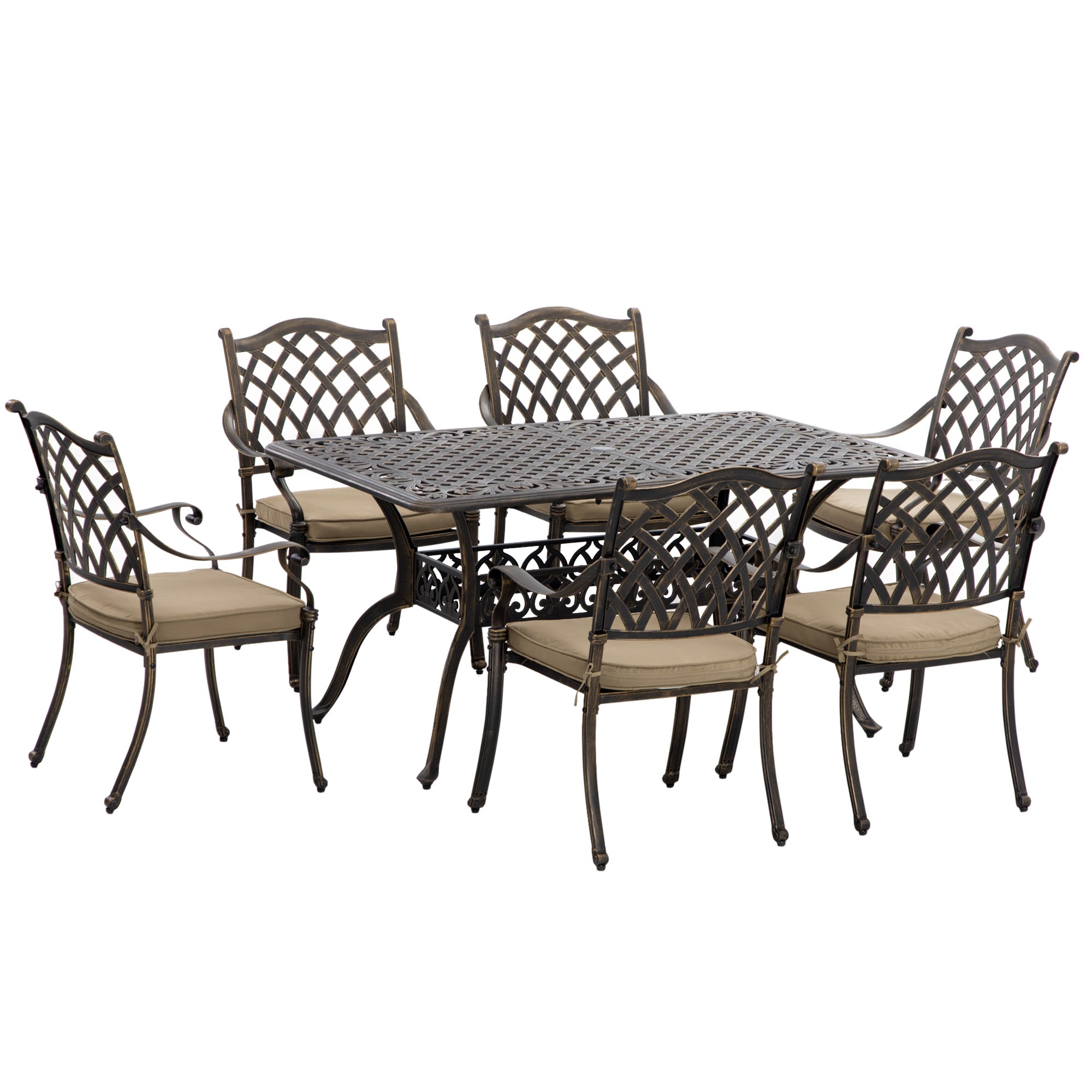 Outsunny 7 PCs Garden Patio Dining Set with Parasol Hole, Cast Aluminium Outdoor Furniture Set with Six Cushioned Chairs and Rectangle Dining Table, for Garden, Lawn, Deck, Bronze Tone - North Peak Garden Furniture