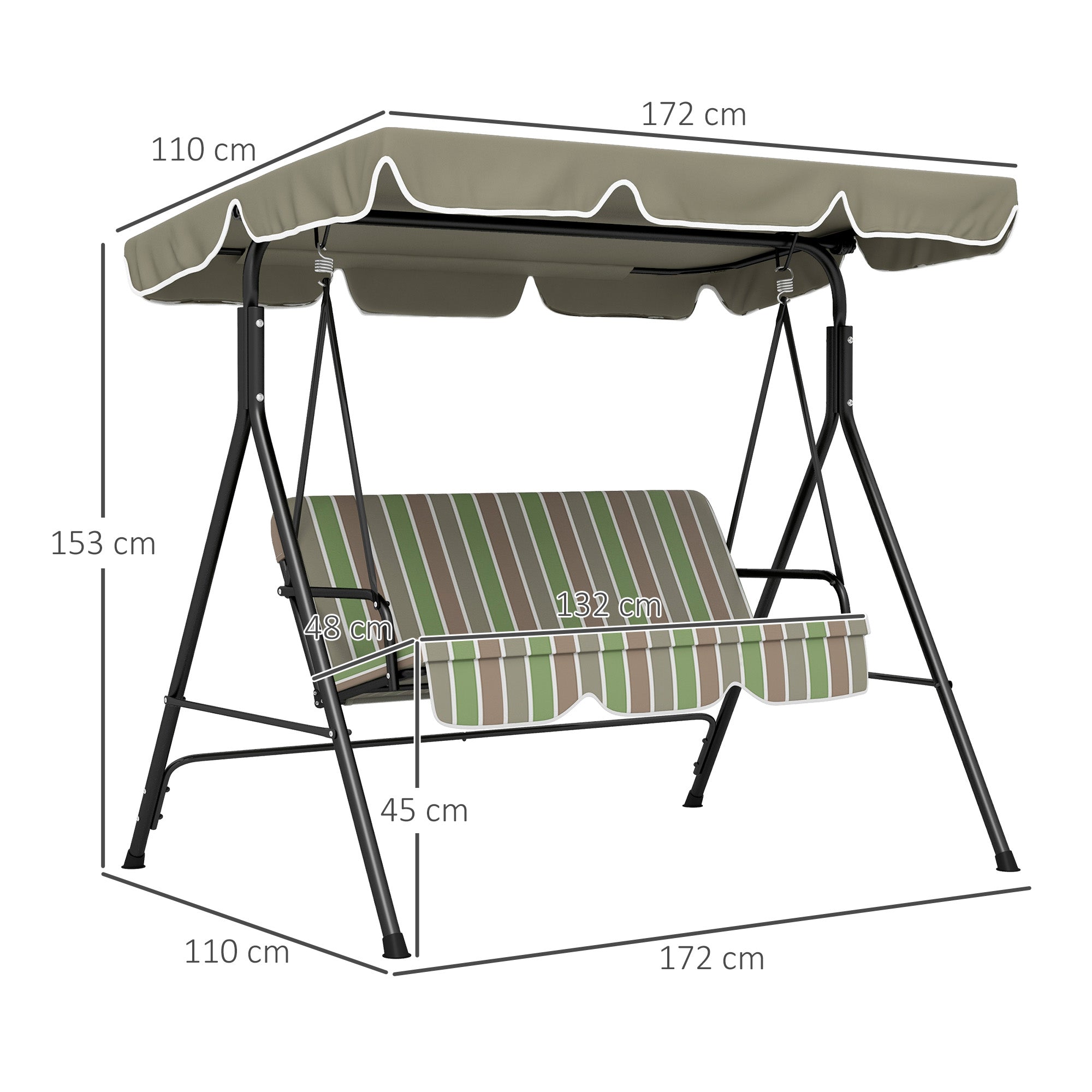 Outsunny Three-Seater Garden Swing Chair, with Adjustable Canopy - Green
