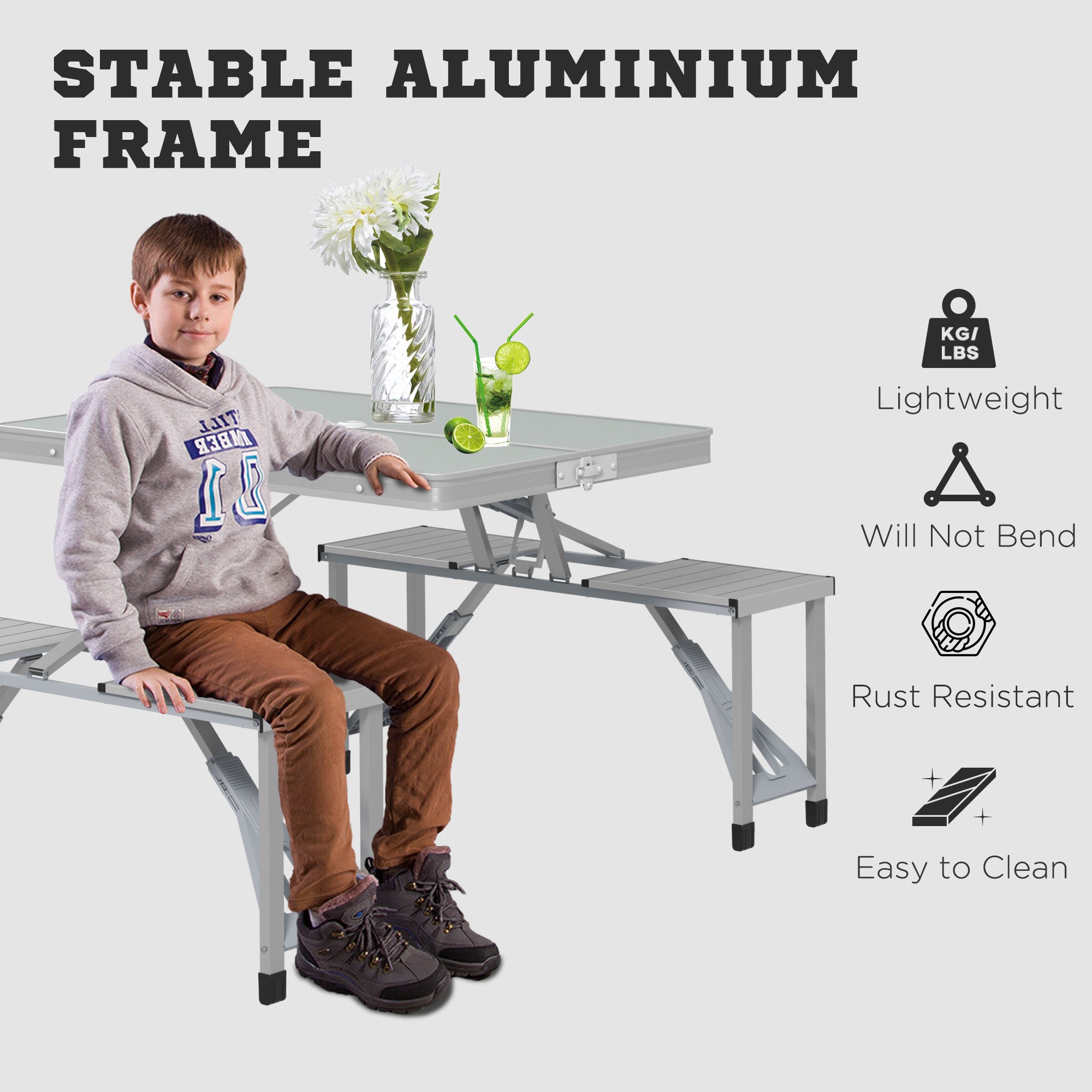 Outsunny Folding Picnic Table with 4 Seats and Umbrella Hole - Grey - North Peak Garden Furniture