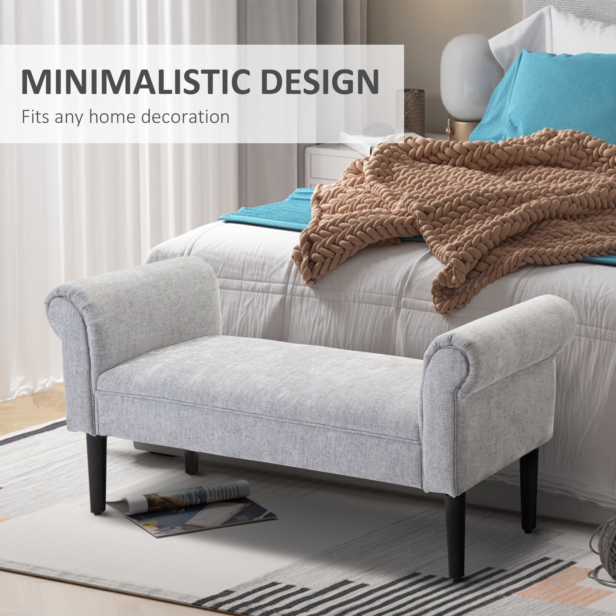 HOMCOM Bed End Side Chaise Lounge Sofa Window Seat Arm Bench Wooden Leg Linen Fabric Cover Light Grey - North Peak Garden Furniture