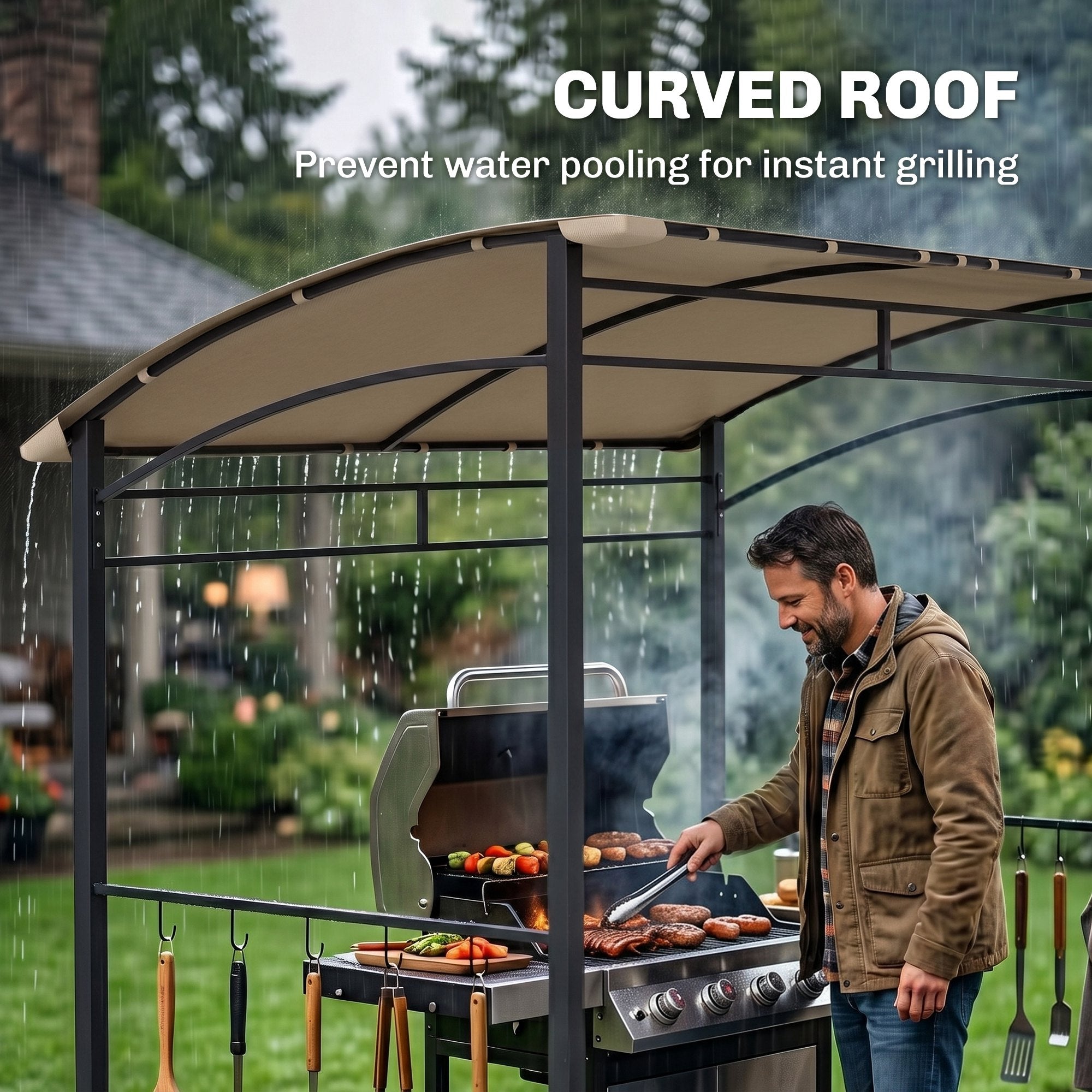 Outsunny 2.2 x 1.5 m BBQ Grill Gazebo Tent, Garden Grill with Metal Frame, Curved Canopy and 10 Hooks, Outdoor Sun Shade, Khaki