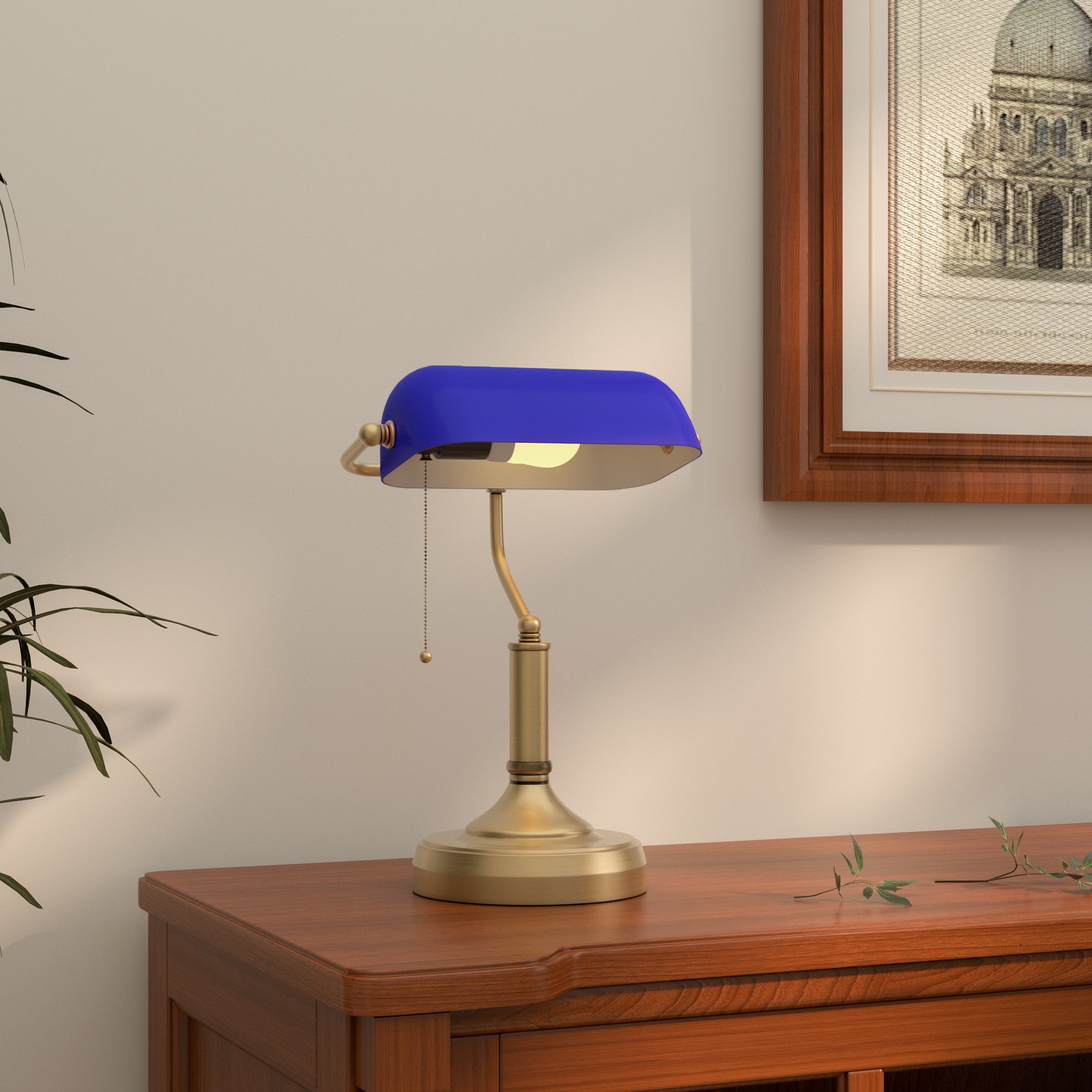HOMCOM Banker's Desk Lamp with Antique Bronze Tone Base, Table Lamp with Blue Glass Shade for Home Office, Blue - North Peak Garden Furniture