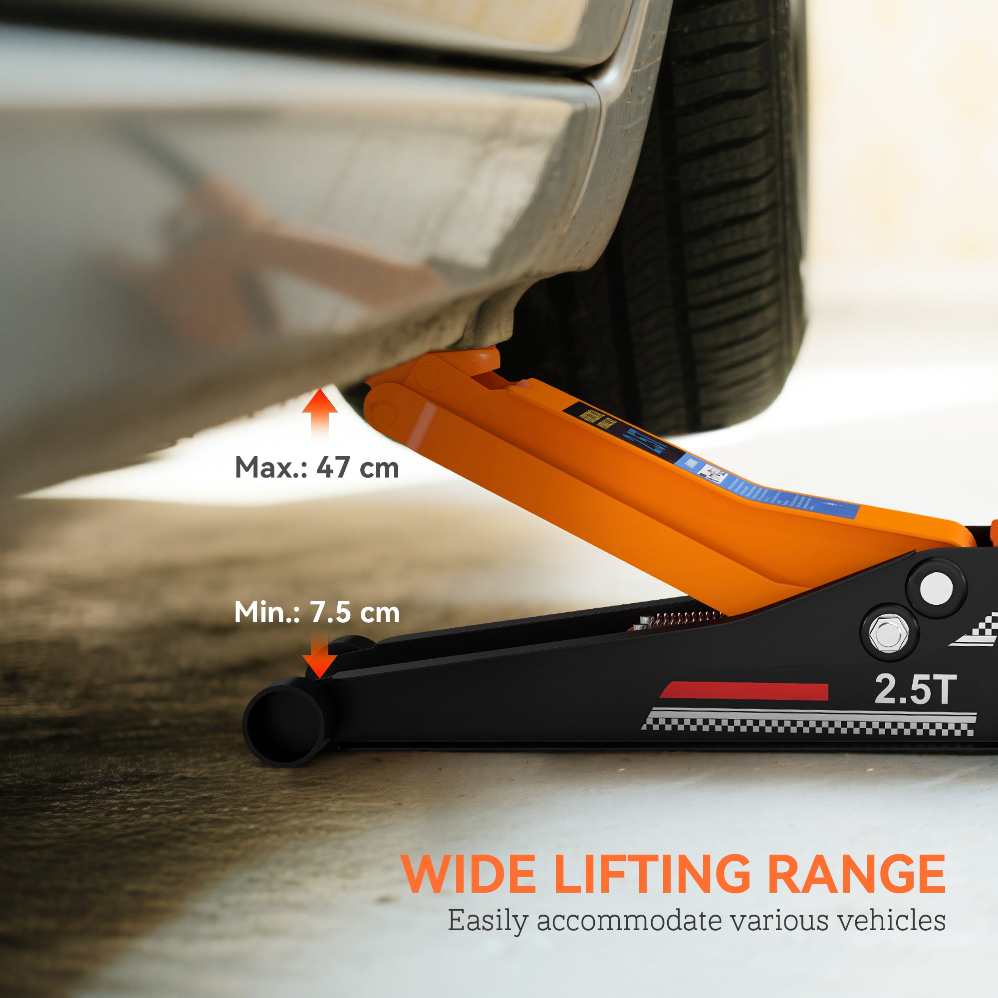 HOMCOM 2.5 Ton Hydraulic Low-Profile Floor Jack, with 7.5-47cm Lifting Range, Wheels, Orange - North Peak Garden Furniture