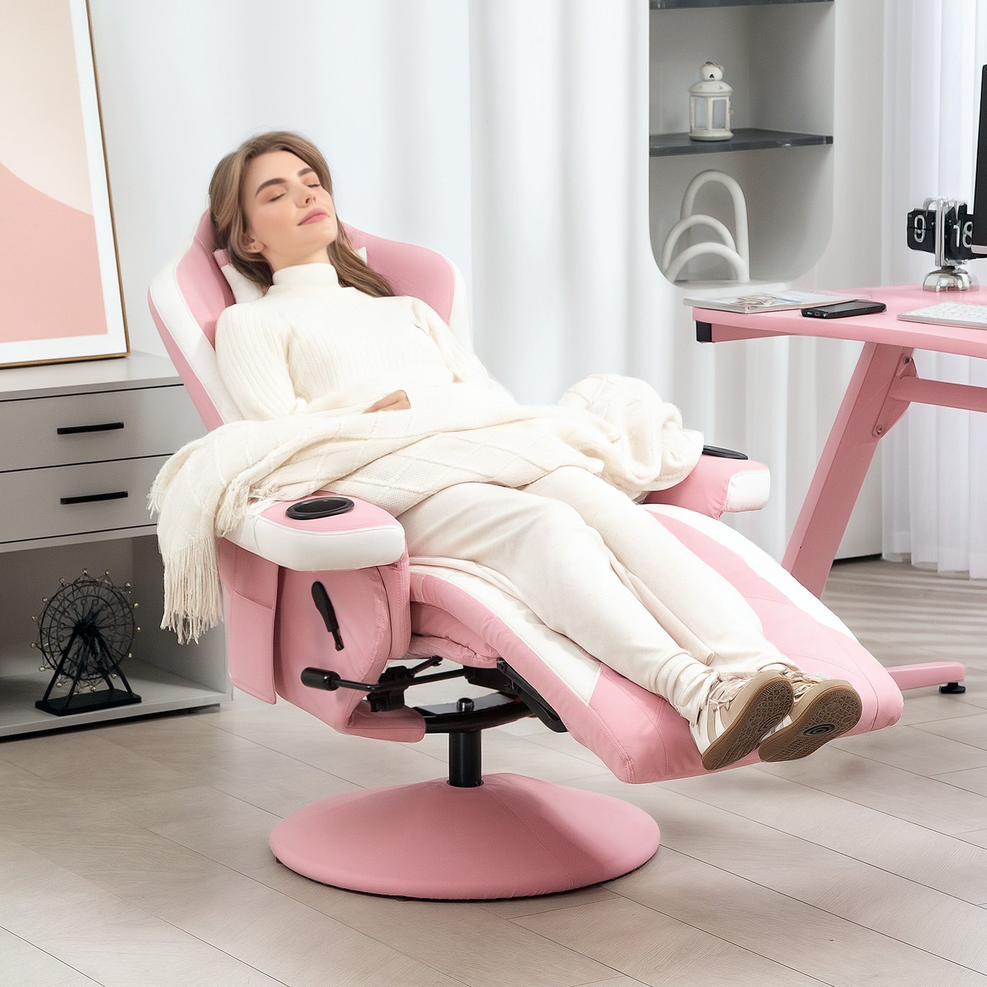 HOMCOM Manual Recliner Armchair PU Leather Lounge Chair w Adjustable Leg Rest, 135° Reclining Function, 360° Swivel, Pink - North Peak Garden Furniture