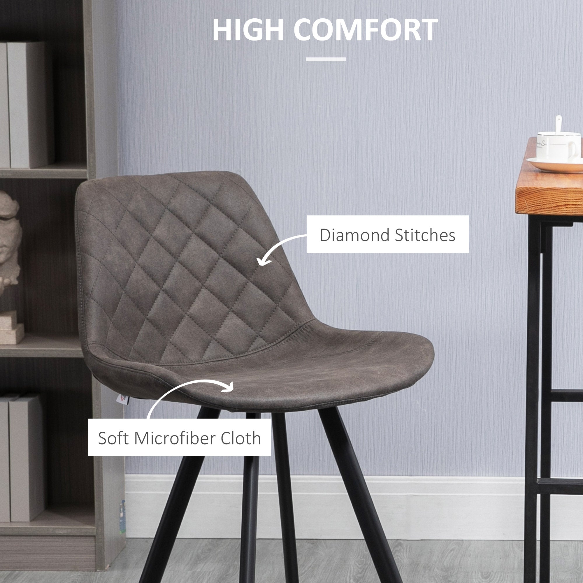 HOMCOM Set Of 2 Bar Stools Vintage Microfiber Cloth Tub Seats Padded Comfortable Steel Frame Footrest Quilted Home Bar Cafe Kitchen Chair Stylish Dark Grey