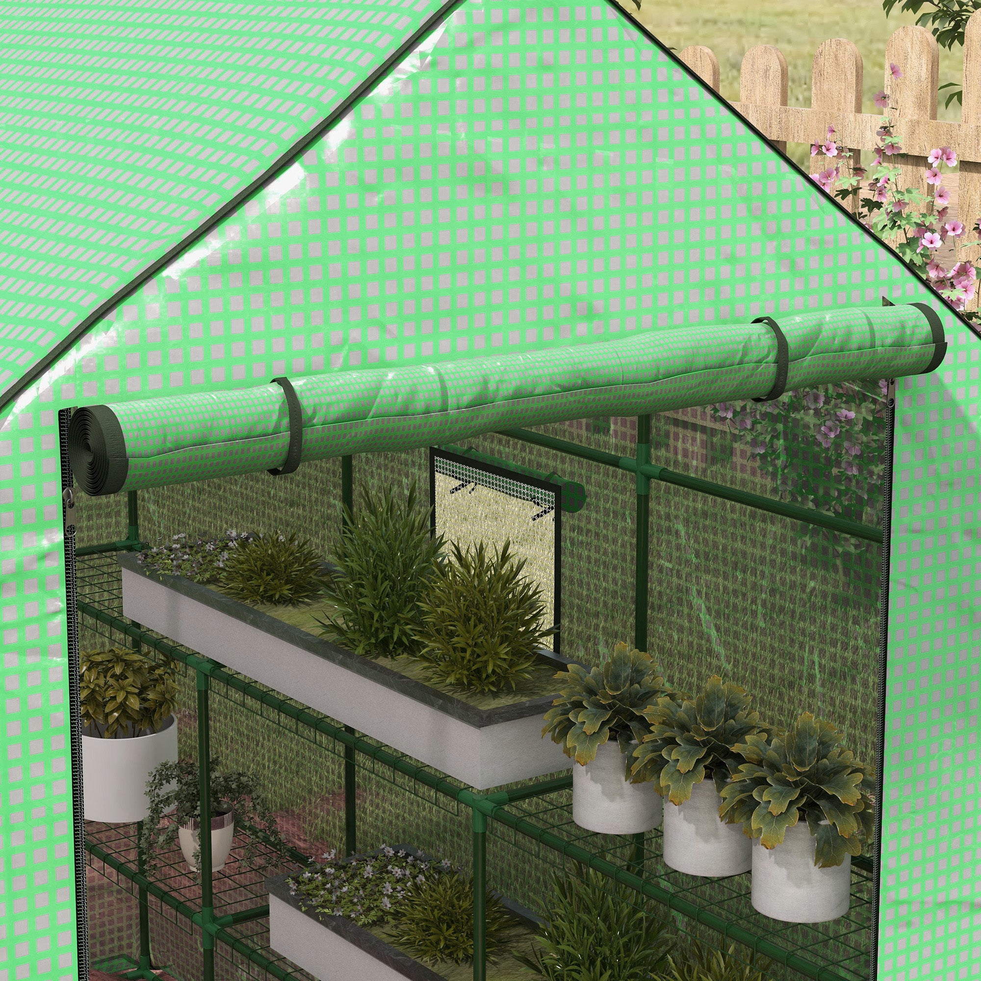 Outsunny Walk-in Greenhouse with 3 Tier Shelves, Outdoor Green House Garden Grow House with Reinforced PE Cover, Roll-up Door and Mesh Windows, 140 x 213 x 190cm, Green - North Peak Garden Furniture