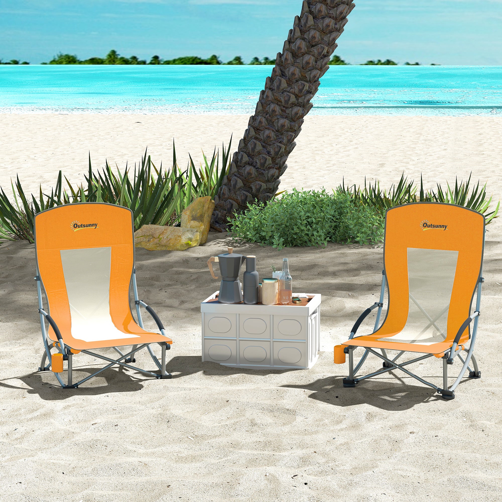 Outsunny Set of 2 Folding Beach Chair, Low Camping Chair with Mesh Back, Carry Bag and Cup Holder for Garden Outdoor Picnic Festival Travel, Orange - North Peak Garden Furniture