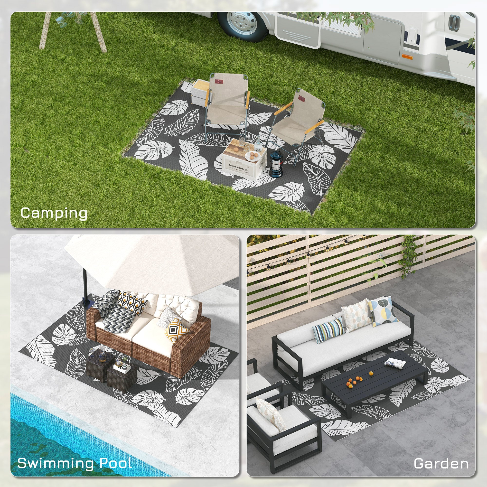 Outsunny Plastic Straw Reversible RV Outdoor Rug with Carry Bag, 182 x 274cm, Grey and White - North Peak Garden Furniture