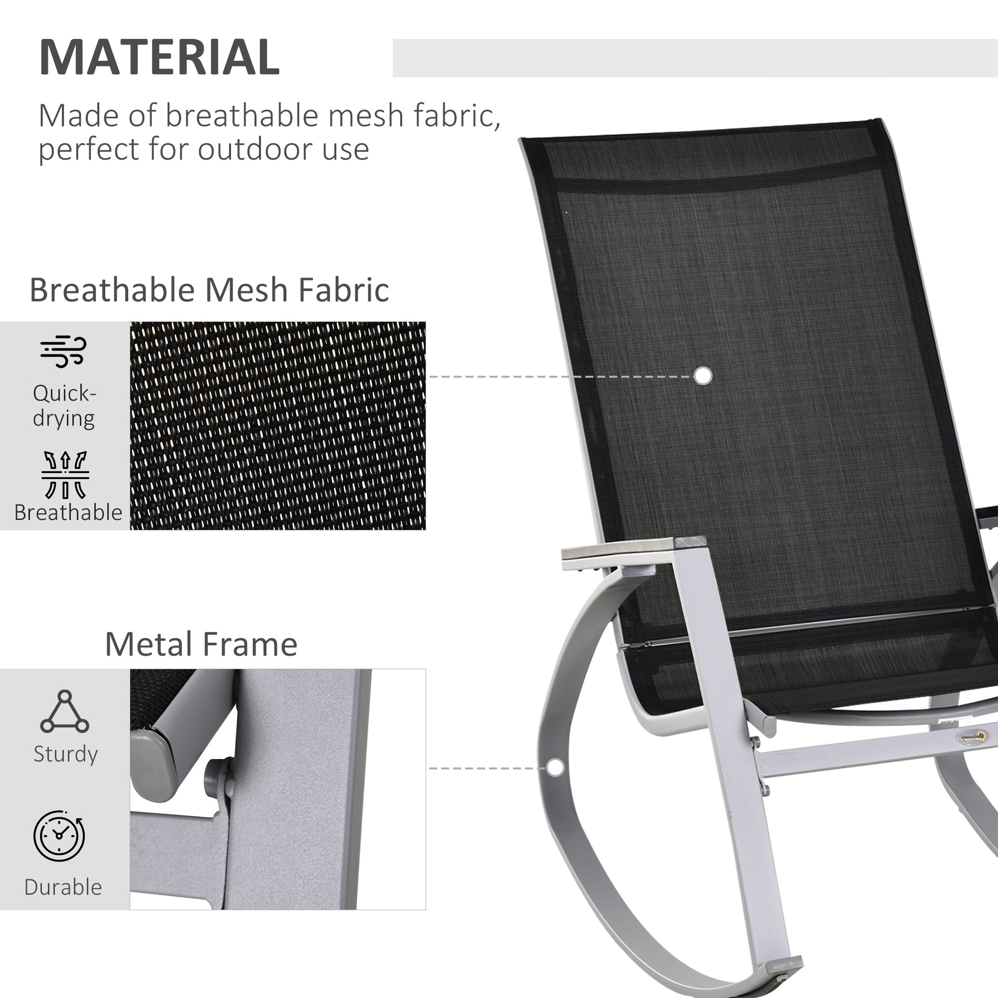 Outsunny Rocking Chair Sun Lounger Garden Seat Patio High Back Texteline Black - North Peak Garden Furniture