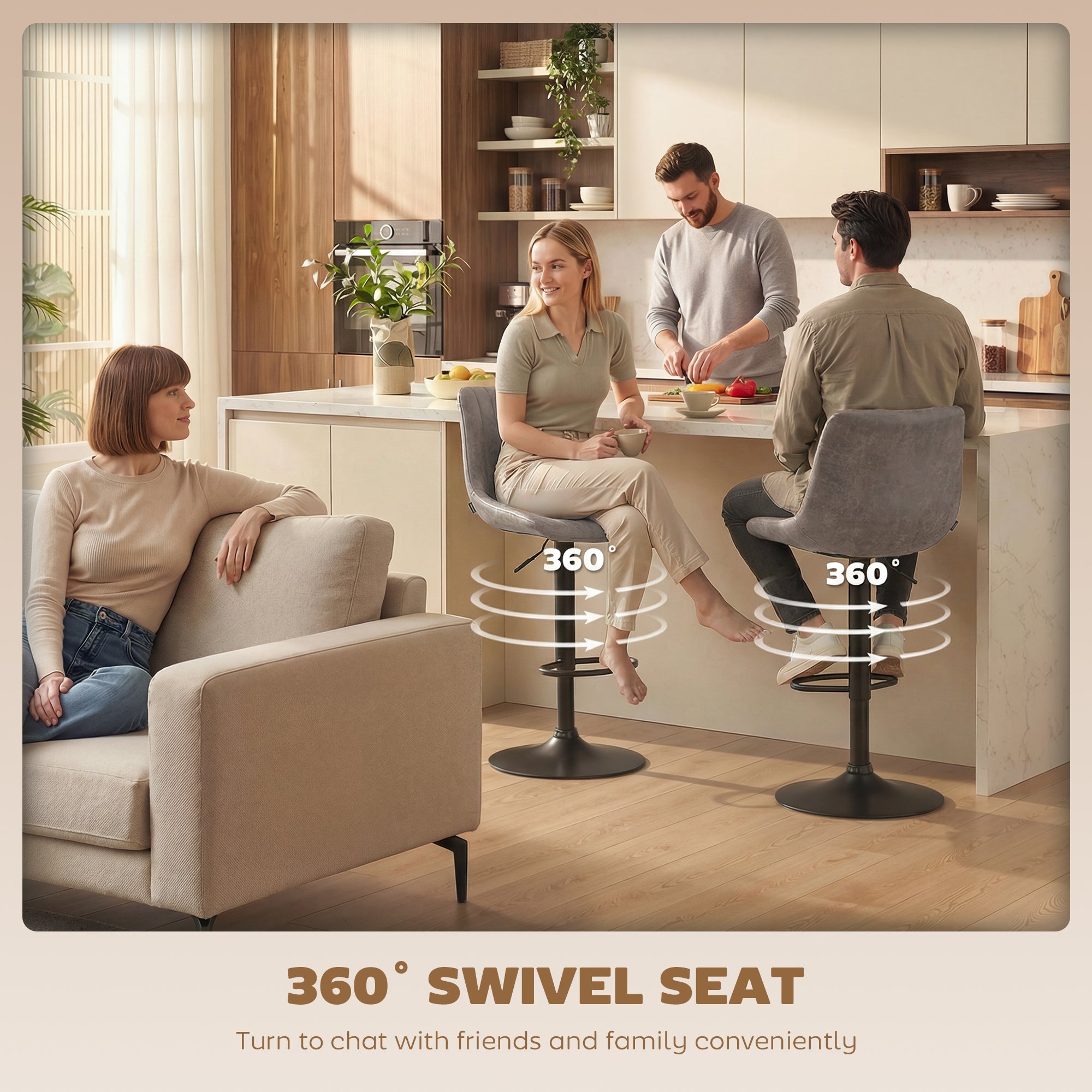 HOMCOM Adjustable Bar Stools Set of 2 Counter Height Barstools Dining Chairs 360° Swivel with Footrest for Home Pub, Grey