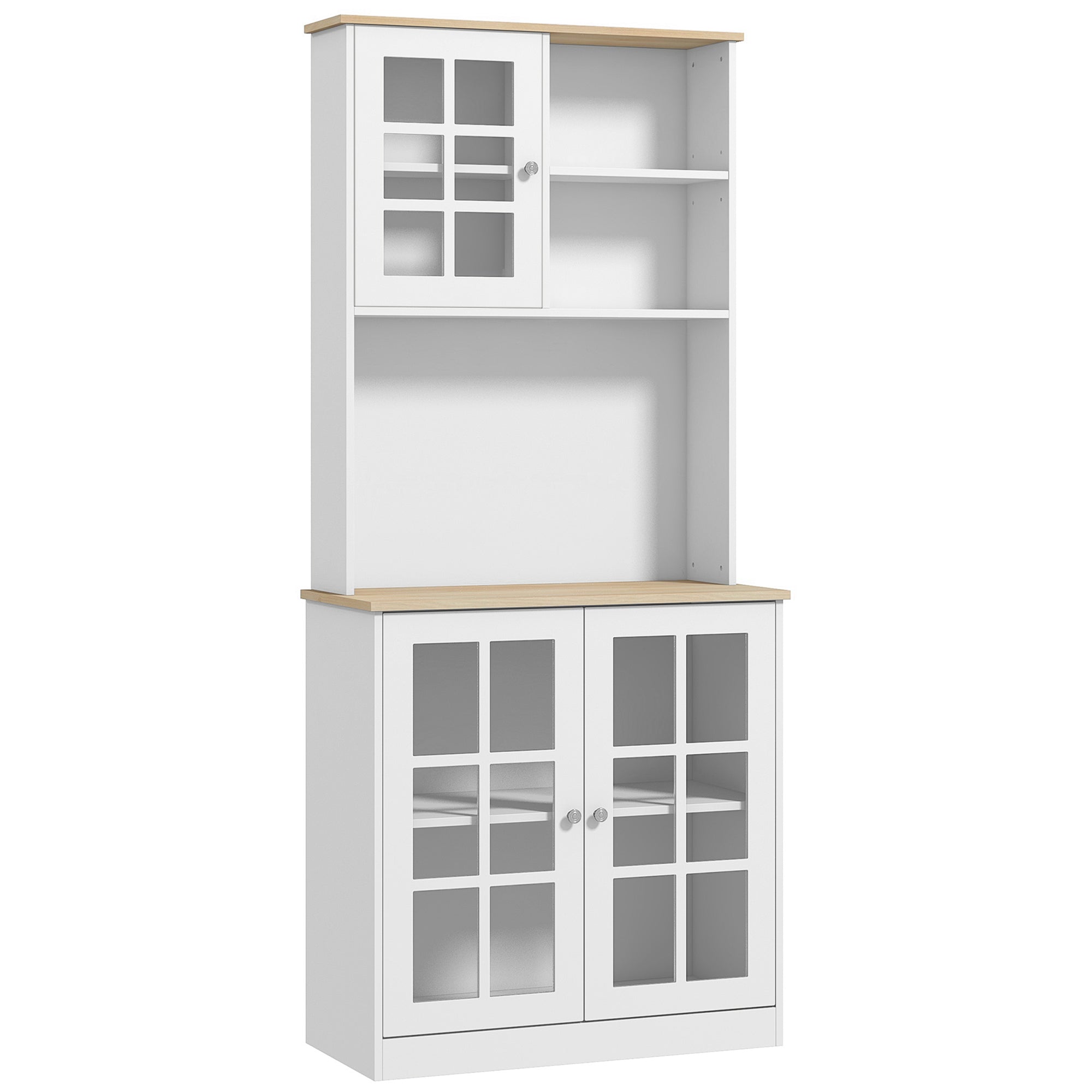 HOMCOM Freestanding Kitchen Cupboard, Storage Cabinet with Doors and Adjustable Shelves, Counter Top, Grid Glass Doors, 80L x 37W x 183H cm - White - North Peak Garden Furniture