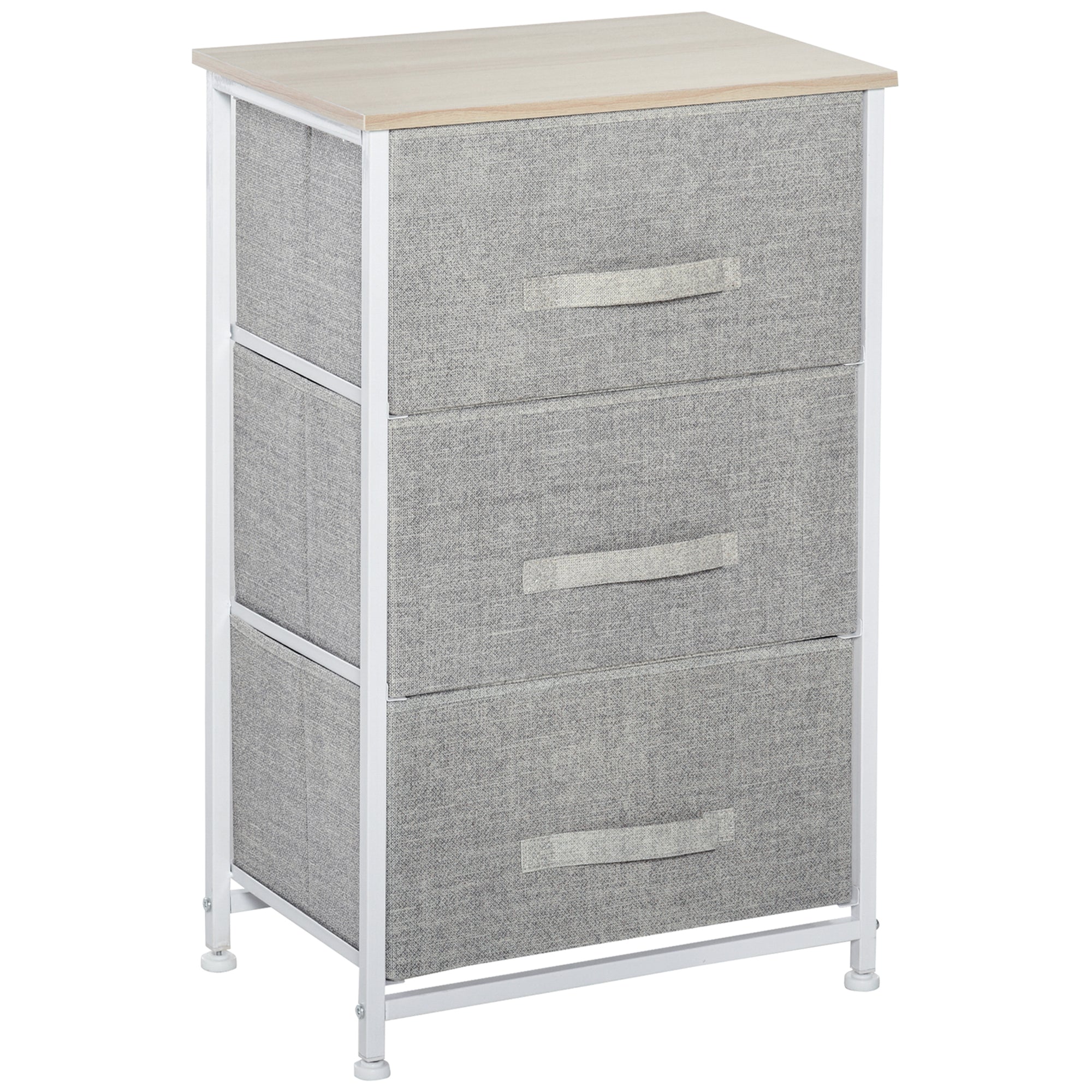 HOMCOM Vertical 3-Tier Linen Drawer Cabinet Organizer Storage Dresser Tower with Metal Frame Adjustable Feet for Living Room, Bathroom, Kitchen, White, Oak and Light Grey - North Peak Garden Furniture