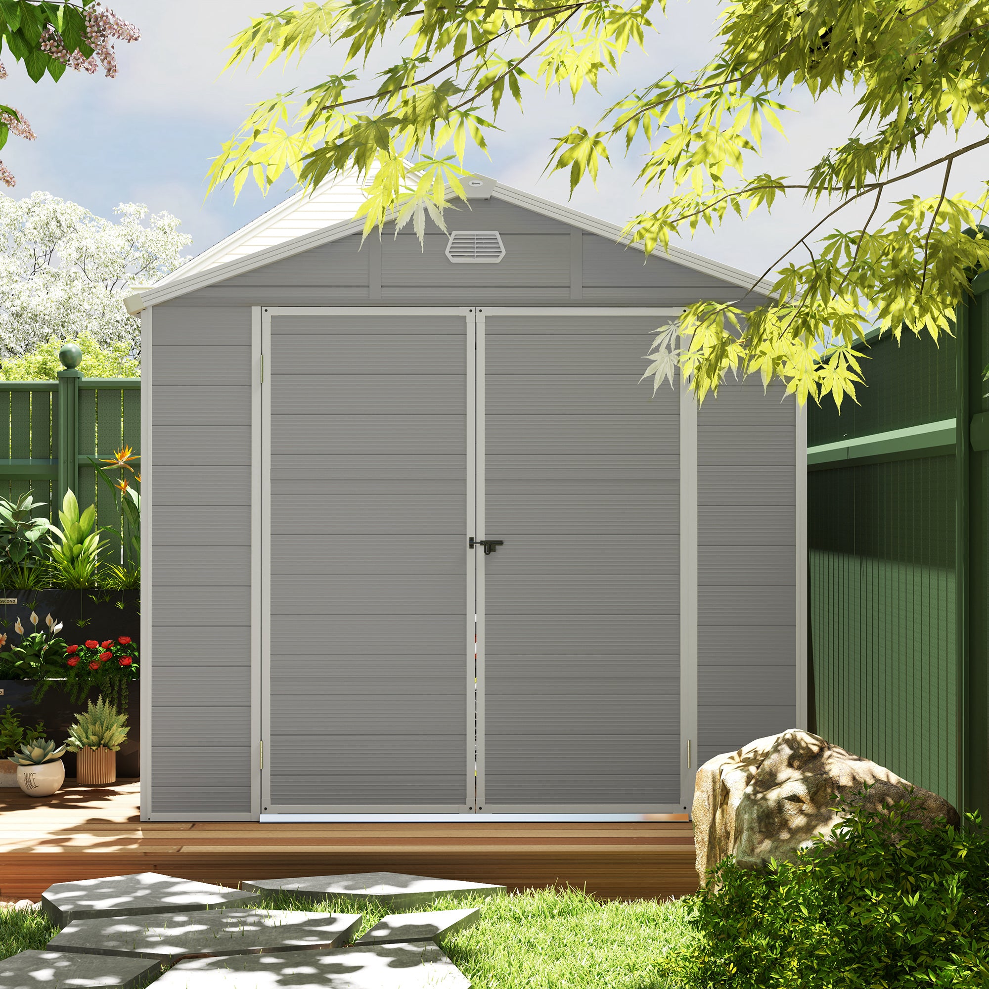 Outsunny 7.9ft x 6.2ft Aluminium Frame and Plastic Wall Shed, with Foundation - Light Grey - North Peak Garden Furniture
