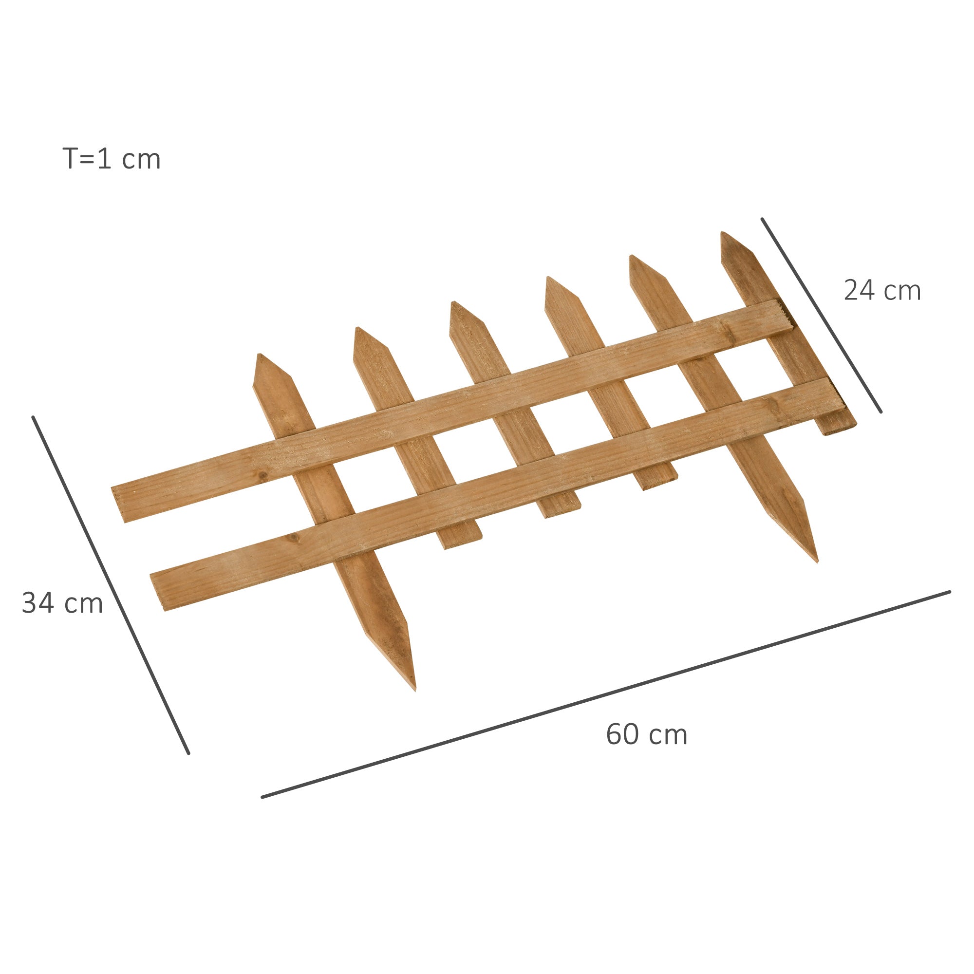 Outsunny Pack of 12 Wooden Border Fences, Garden Fixed Picket Fence for Lawn Edging, Flowerbed, 60L x 1D x 34H cm, Brown - North Peak Garden Furniture