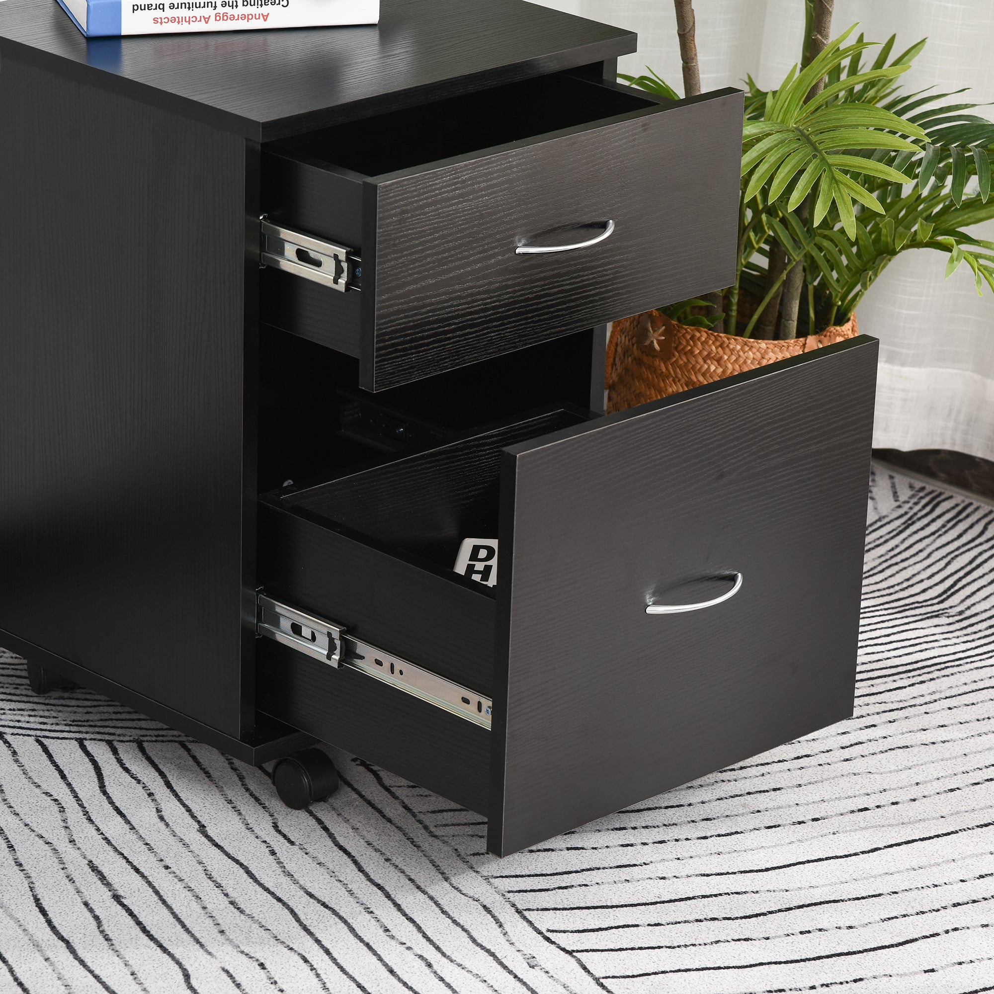 HOMCOM Two Drawer Filing Cabinet with Wheels- Black Wood Grain - North Peak Garden Furniture