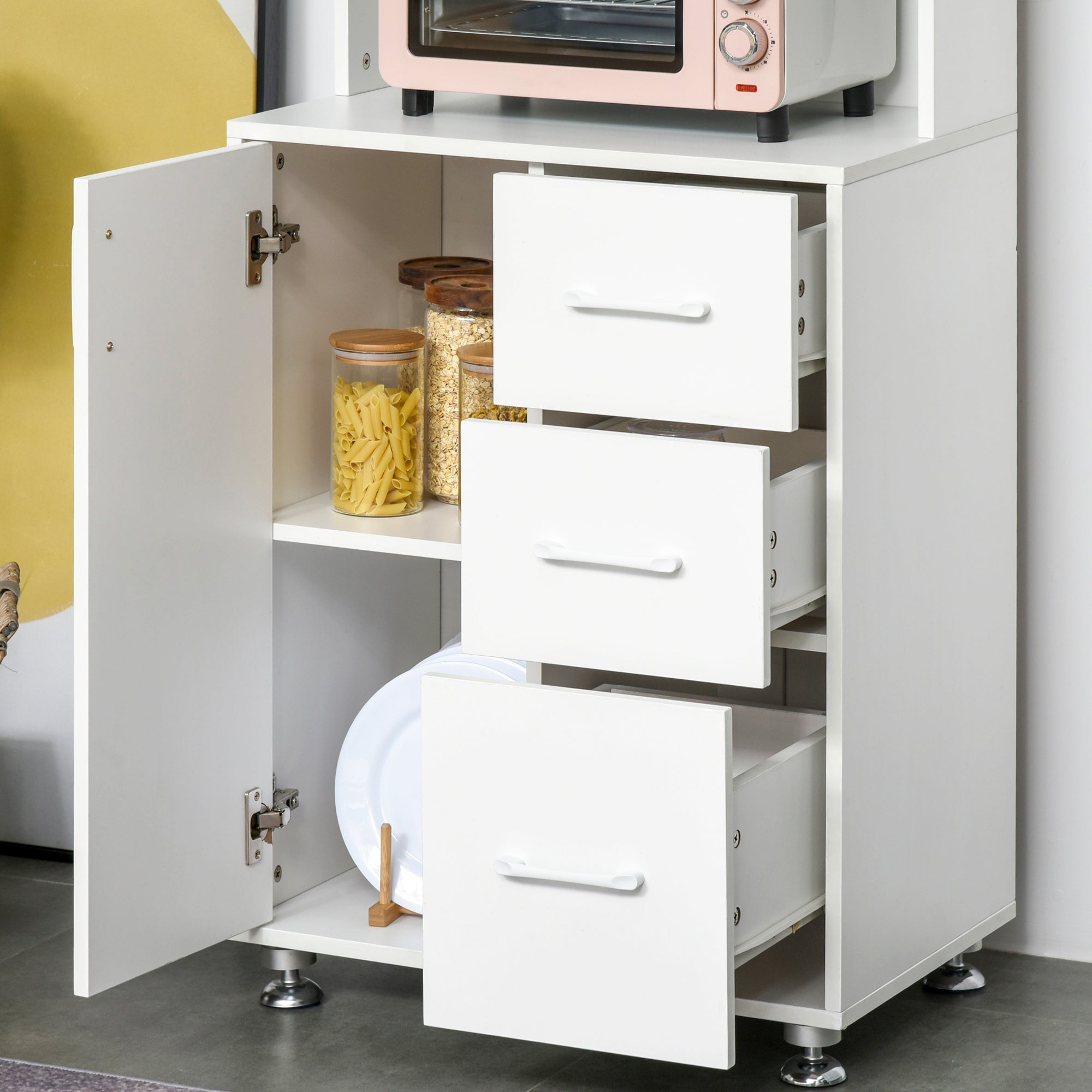 HOMCOM Modern Kitchen Cupboard with Storage Cabinets, 3 Drawers and Open Countertop for Living Room, White - North Peak Garden Furniture