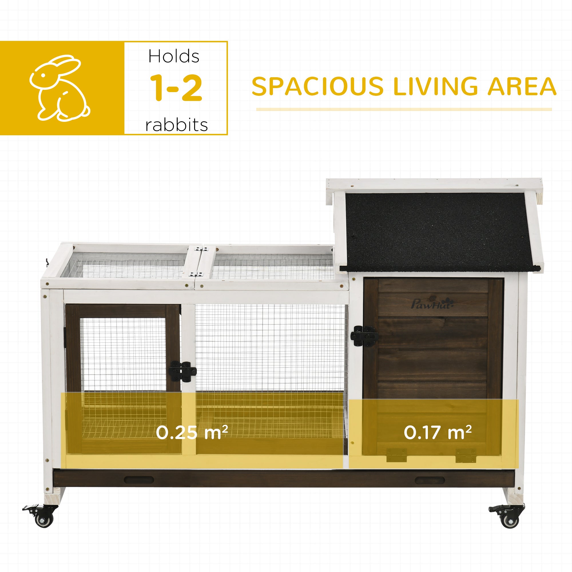 PawHut Wooden Rabbit Hutch, Guinea Pig Cage, with Removable Tray, Wheels - Brown - North Peak Garden Furniture