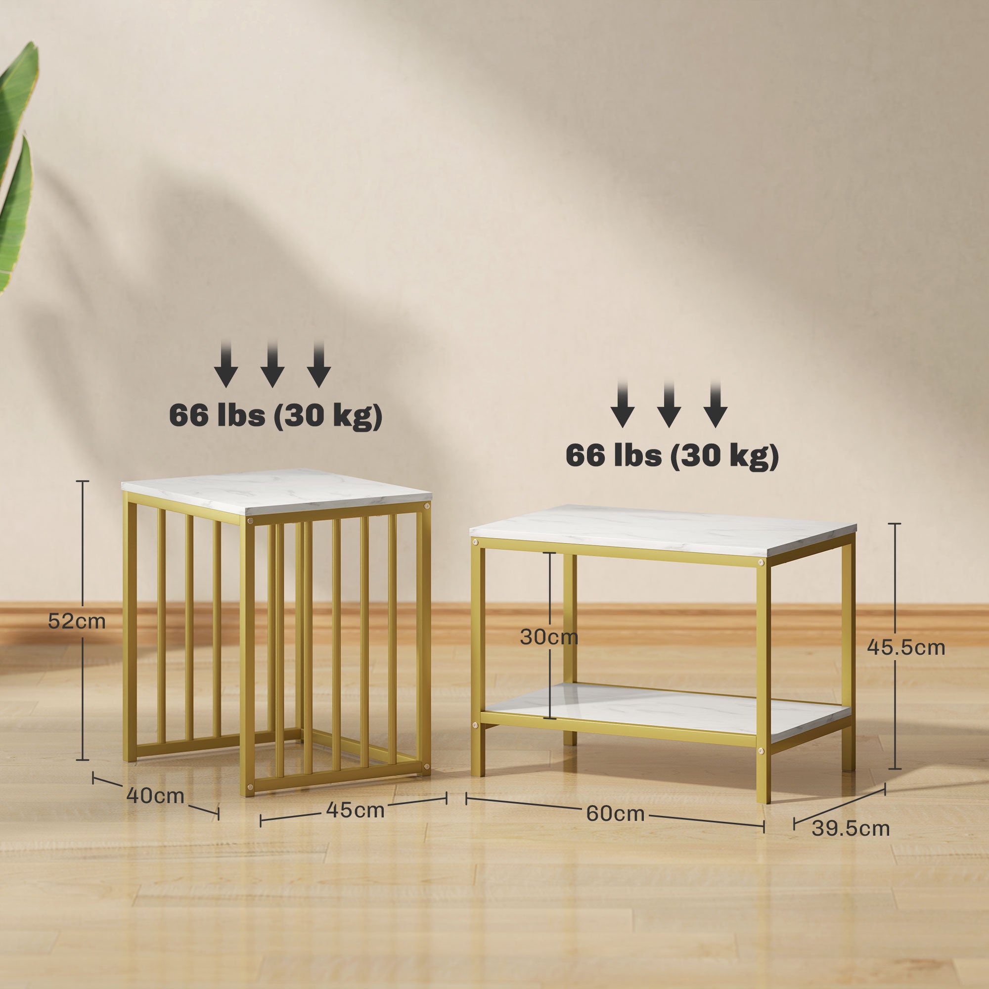 HOMCOM Modern Coffee Table Set of Two, Marble-Effect Nesting Side Tables with Steel Frame for Living Room, Gold Tone - North Peak Garden Furniture