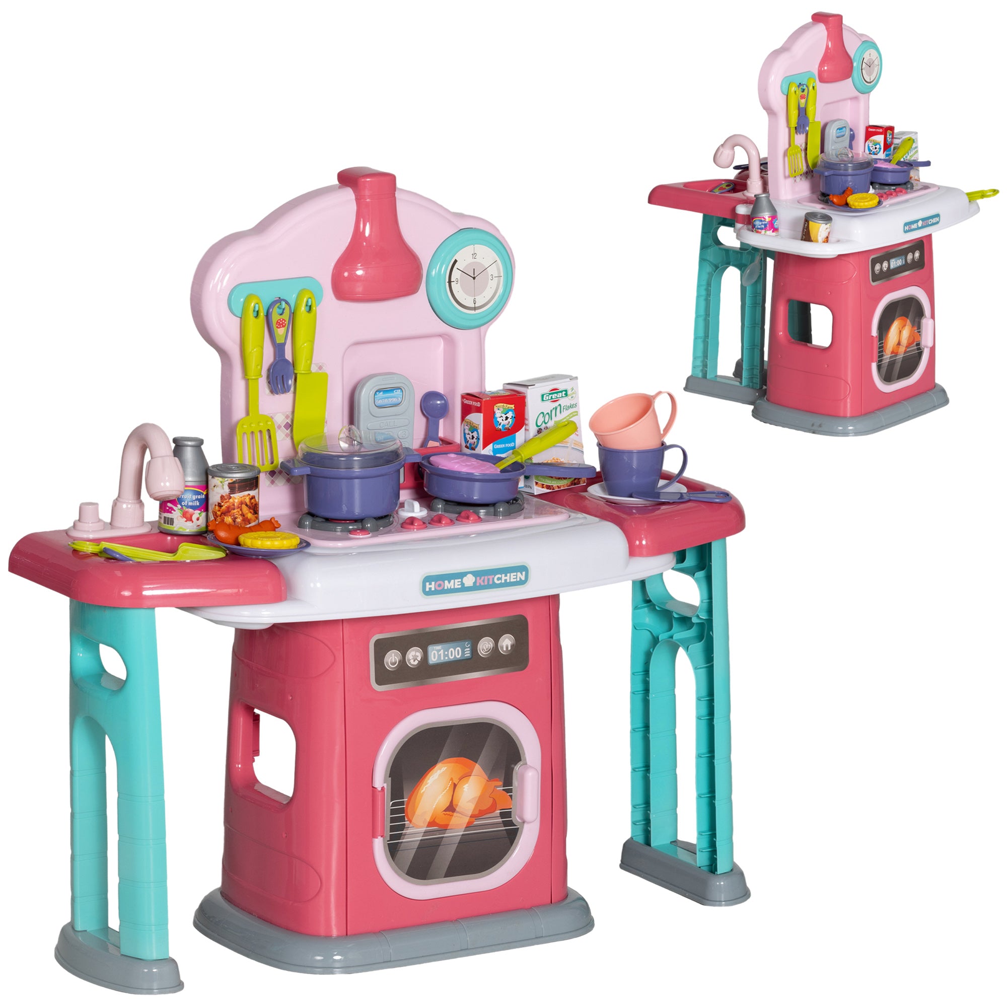 AIYAPLAY 45-Piece Kids Kitchen, Toy Kitchen, with Rotating Side Tables, Lights, Sound Spray