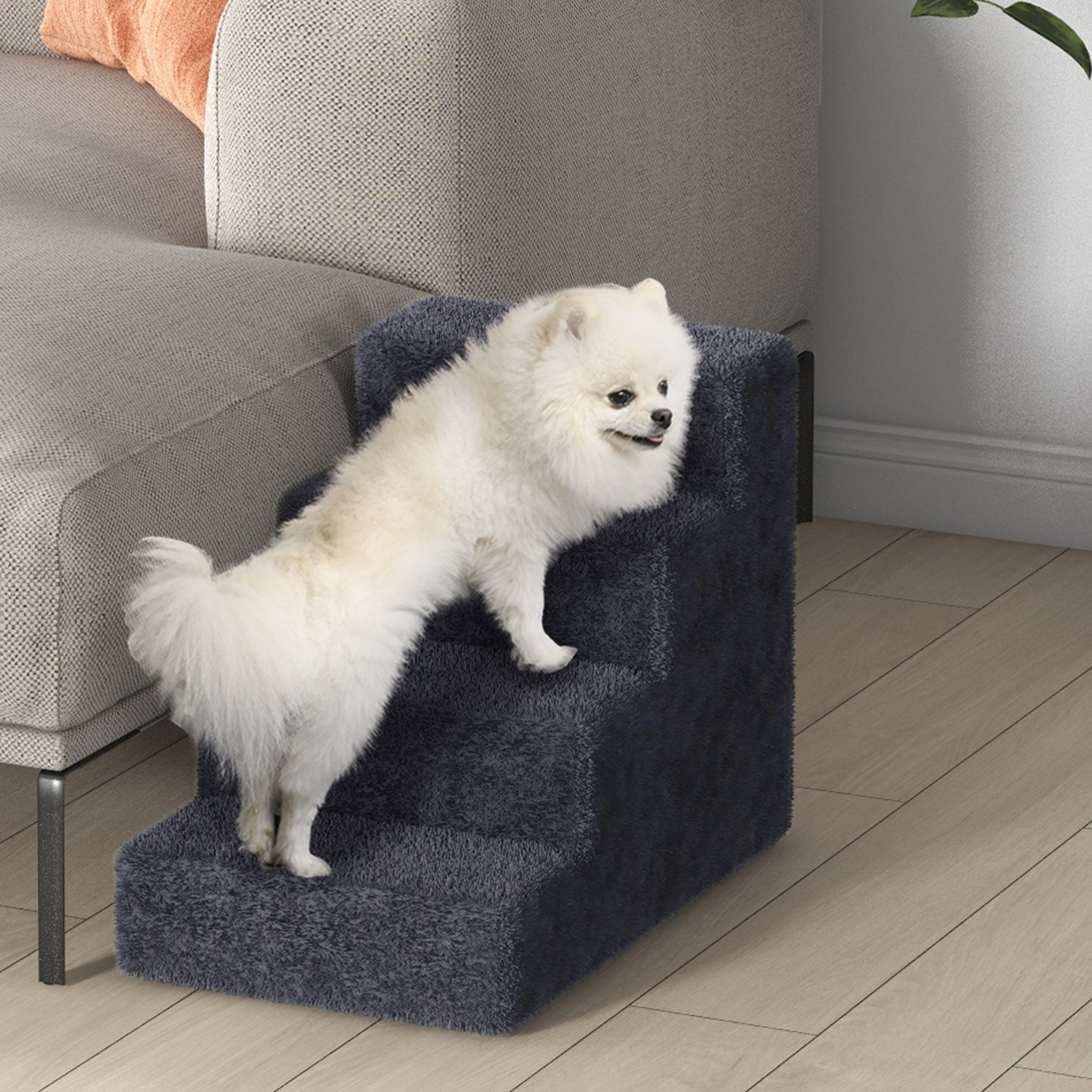 PawHut Four-Step Dog Stairs, with Washable Plush Cover, for High Bed Sofa, Dog Stairs for Small Dog and Cat - Dark Grey - North Peak Garden Furniture
