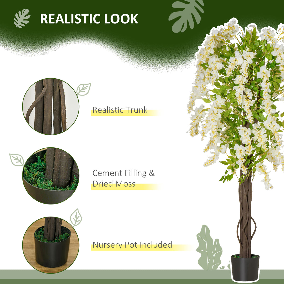 HOMCOM Artificial Plant White Wisteria Tree Faux Decorative Plant in Nursery Pot for Indoor Decor, 160cm