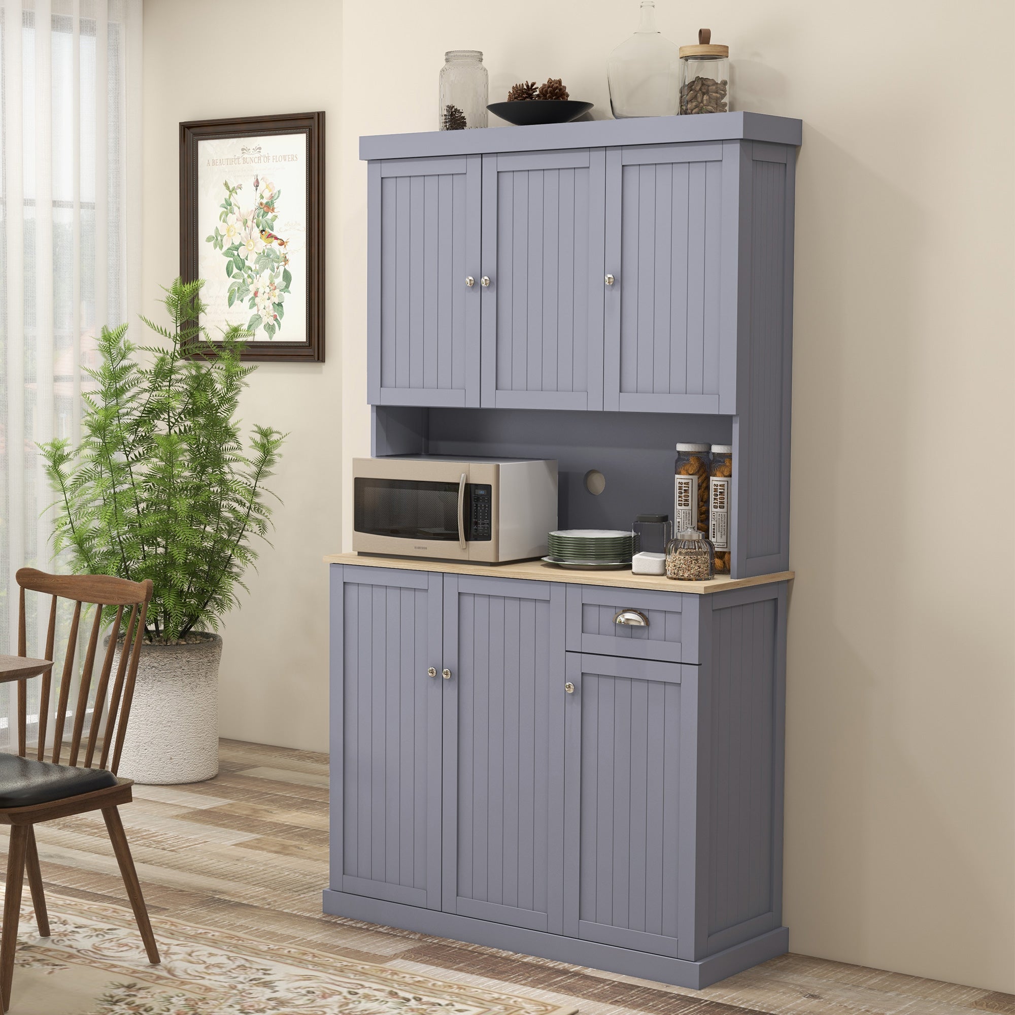 HOMCOM 180cm Freestanding Kitchen Cabinet, Modern Storage Cupboard with Open Countertop, Drawer and 6 Doors, Grey
