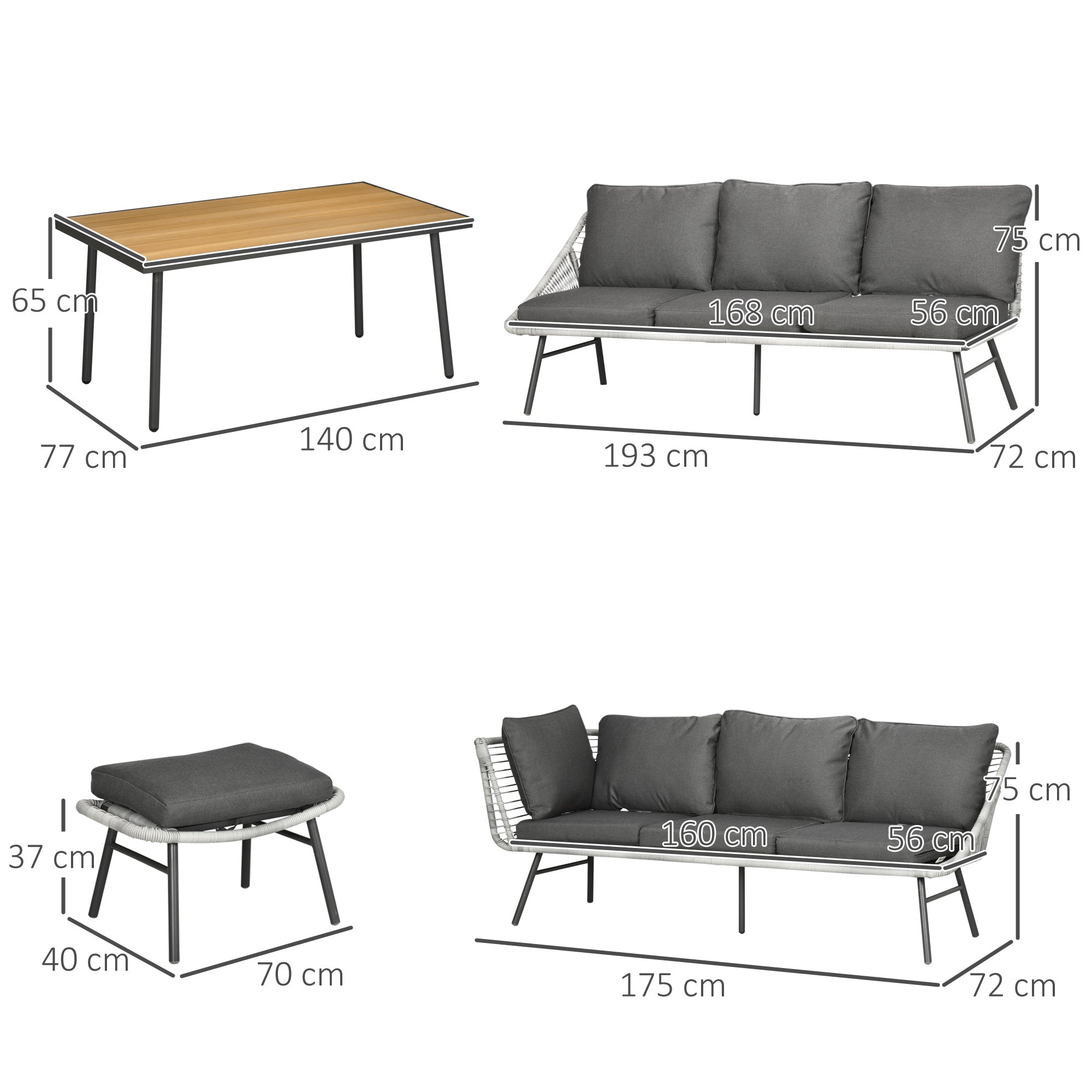 Outsunny 6 Seater Outdoor Rattan Garden Furniture Sets with Sofa, Footstool and Wood-Plastic Coffee Table, 193x72x75cm, Grey - North Peak Garden Furniture