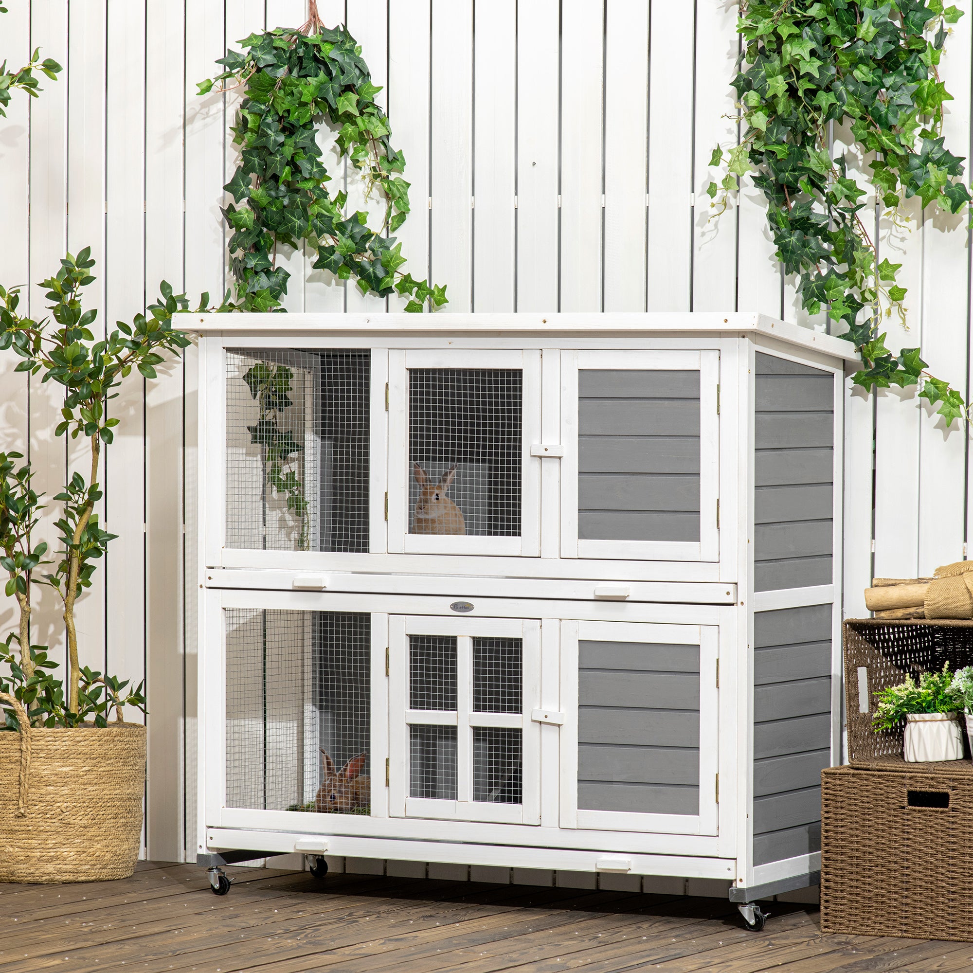 PawHut Wooden Rabbit Hutch, Two-Tier Guinea Pig Cage, with Removable Tray, Wheels - North Peak Garden Furniture