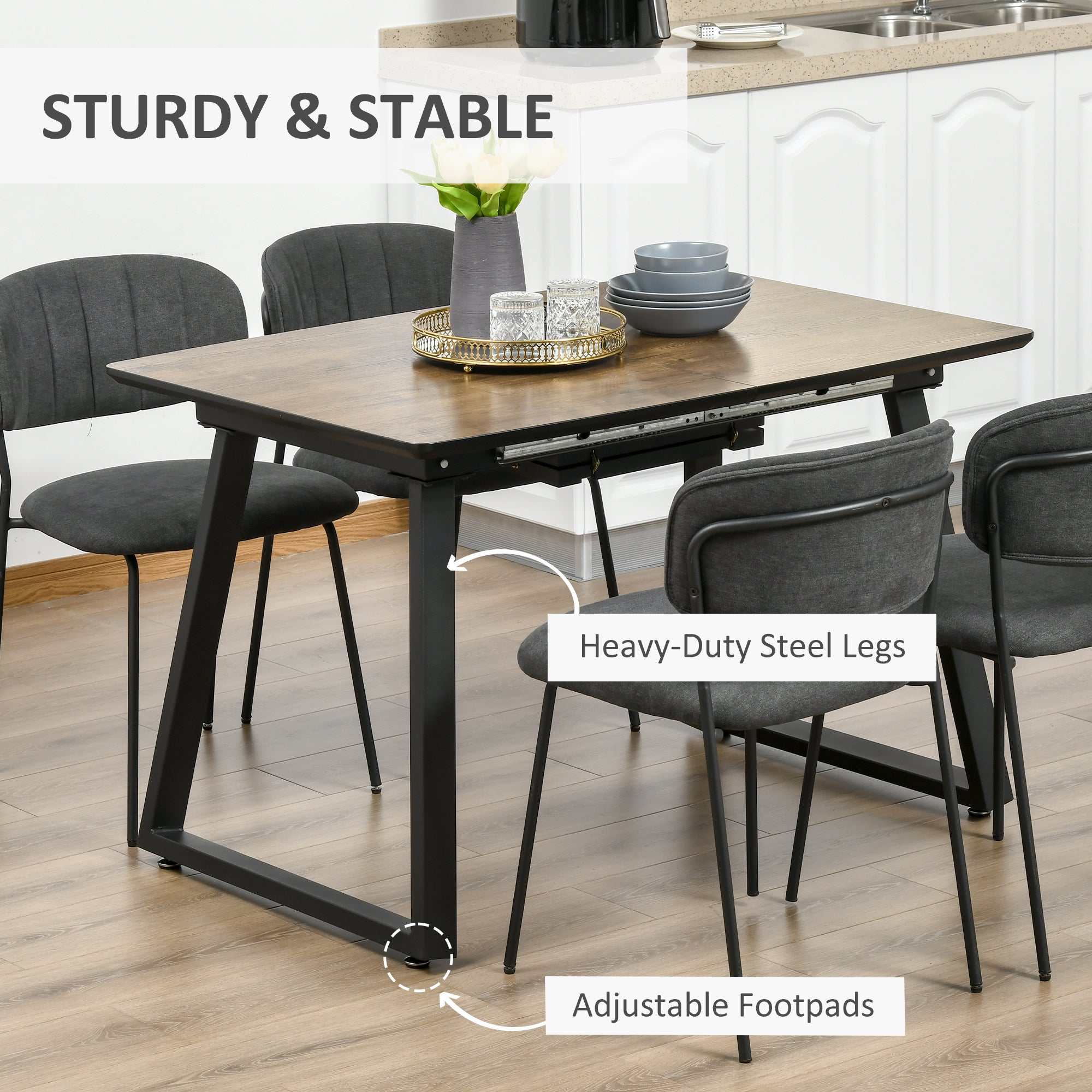 HOMCOM Extendable Dining Table Rectangular Wood Effect Tabletop for 4-6 People with Steel Frame & Hidden Leaves for Kitchen, Dining Room, Living Room - North Peak Garden Furniture