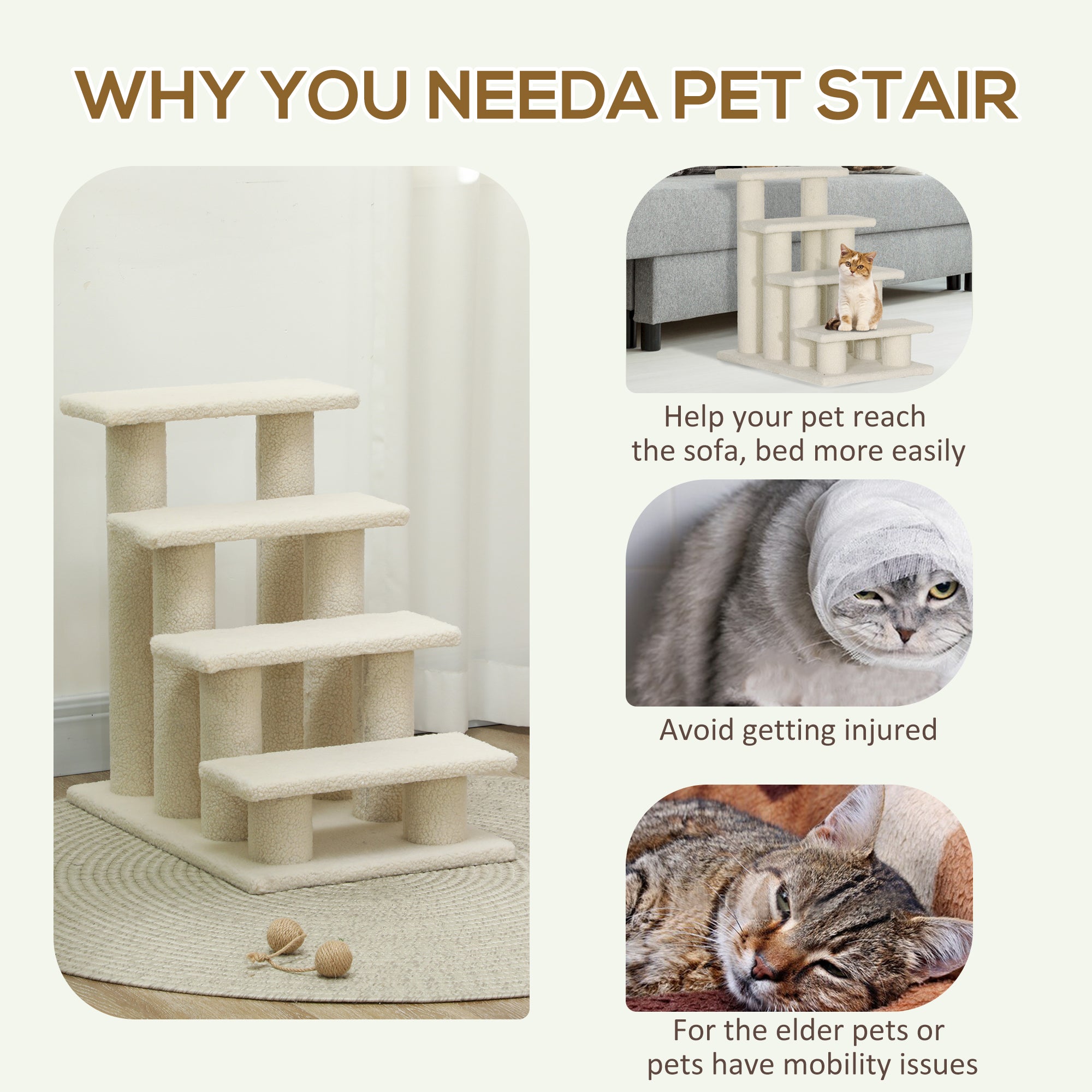 PawHut Dog Steps for Bed 4 Step Pet Stairs for Sofa Dog Cat Climb Ladder 63x43x60 cm Light Brown