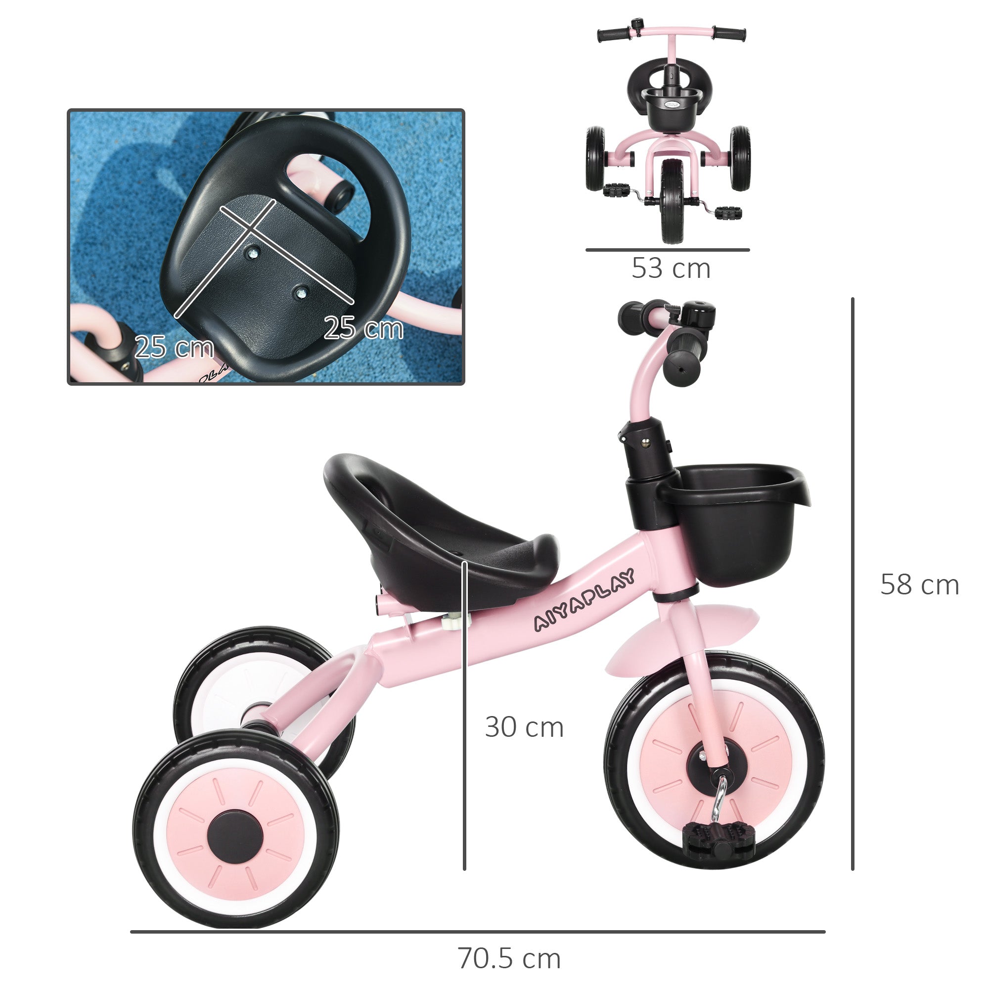 AIYAPLAY Kids Trike, Tricycle, with Adjustable Seat, Basket, Bell, for Ages 2-5 Years - Pink - North Peak Garden Furniture
