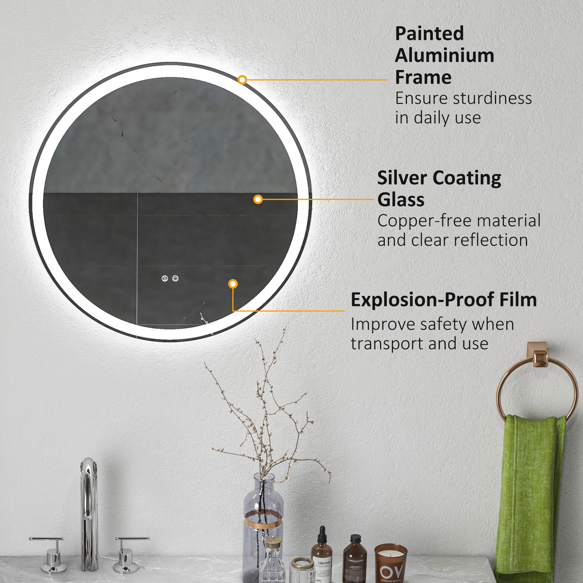 kleankin Round Bathroom Mirror with LED Lights, Wall Mount Dimmable Makeup Mirror with 3 Temperature Colours, Defogging Film and Memory Function, Frameless, Hardwired, 60 x 60 cm - North Peak Garden Furniture