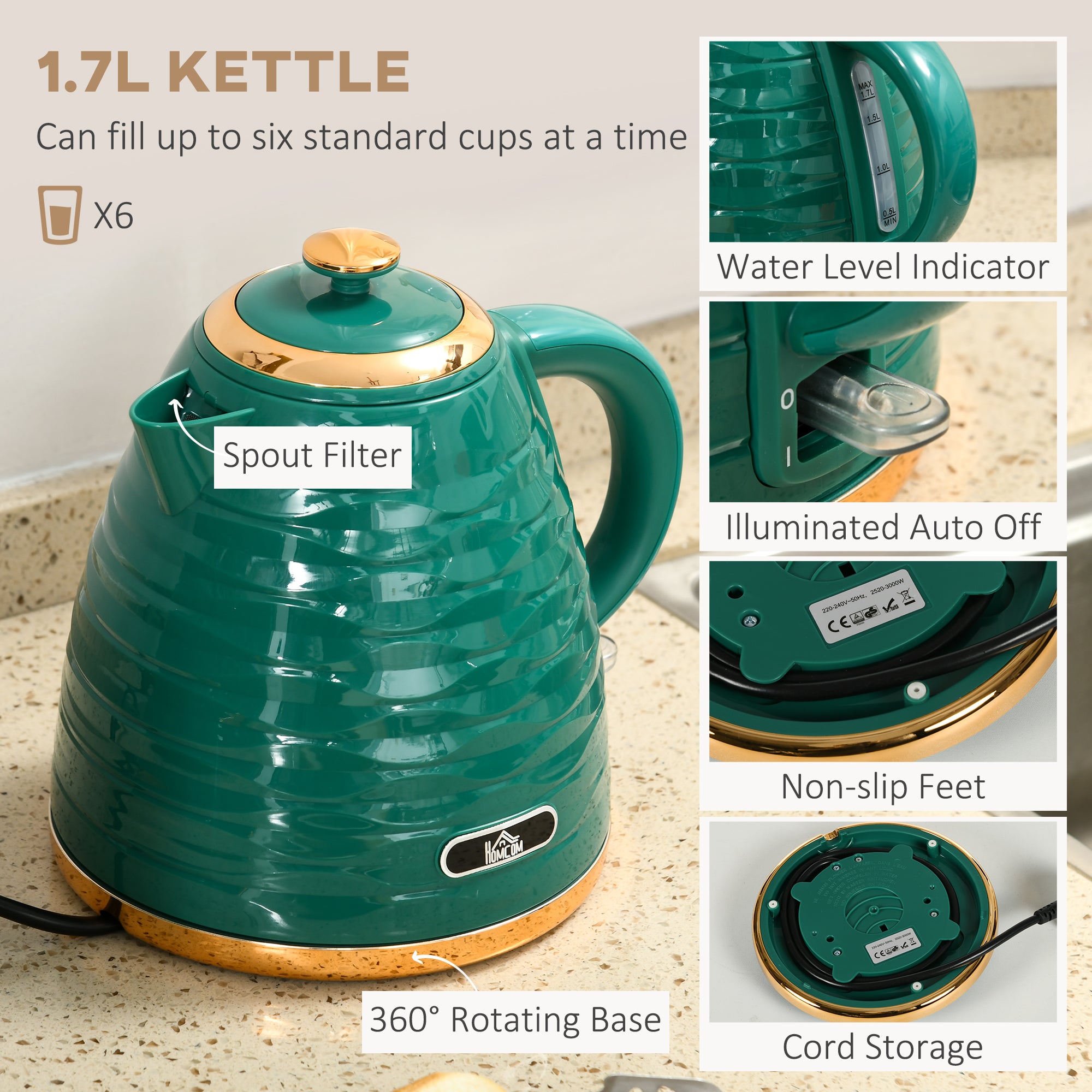 HOMCOM 3000W 1.7L Rapid Boil Kettle & 4 Slice Toaster, Kettle and Toaster Set with 7 Browning Controls and Crumb Tray, Green - North Peak Garden Furniture