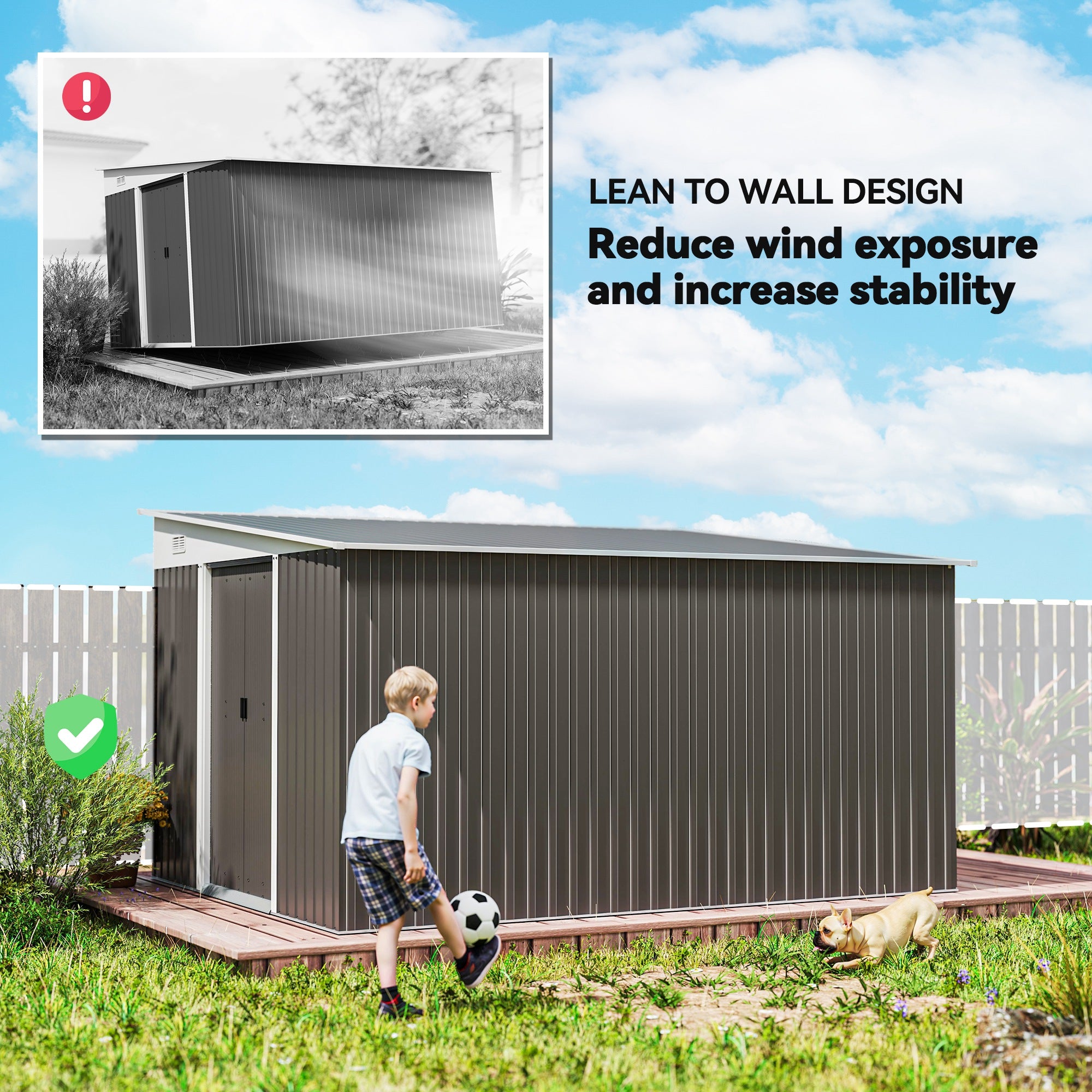 Outsunny 11.3 x 9.2ft Lean to Metal Garden Shed, Outdoor Galvanised Tool Storage House with Double Sliding Doors and 2 Air Vents, Grey - North Peak Garden Furniture