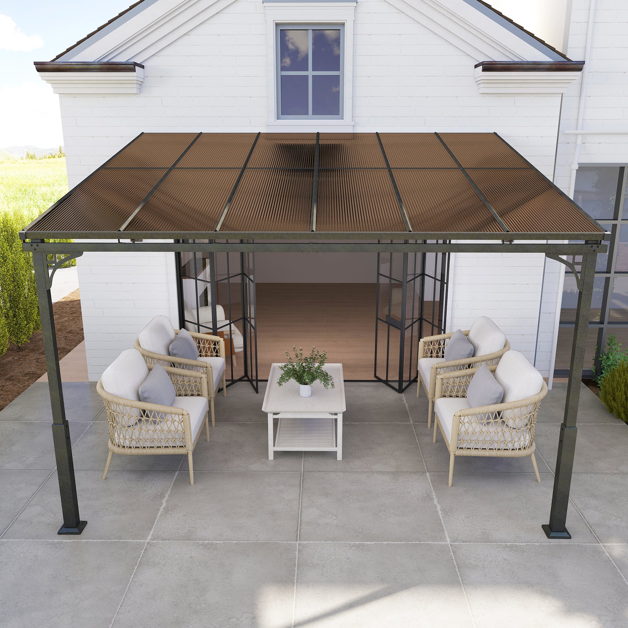Outsunny 3.4 x 3 m Metal Lean-to Pergola, Wall-Mounted Garden Pergola with Polycarbonate Roof and Metal-Aluminium Frame, Brown