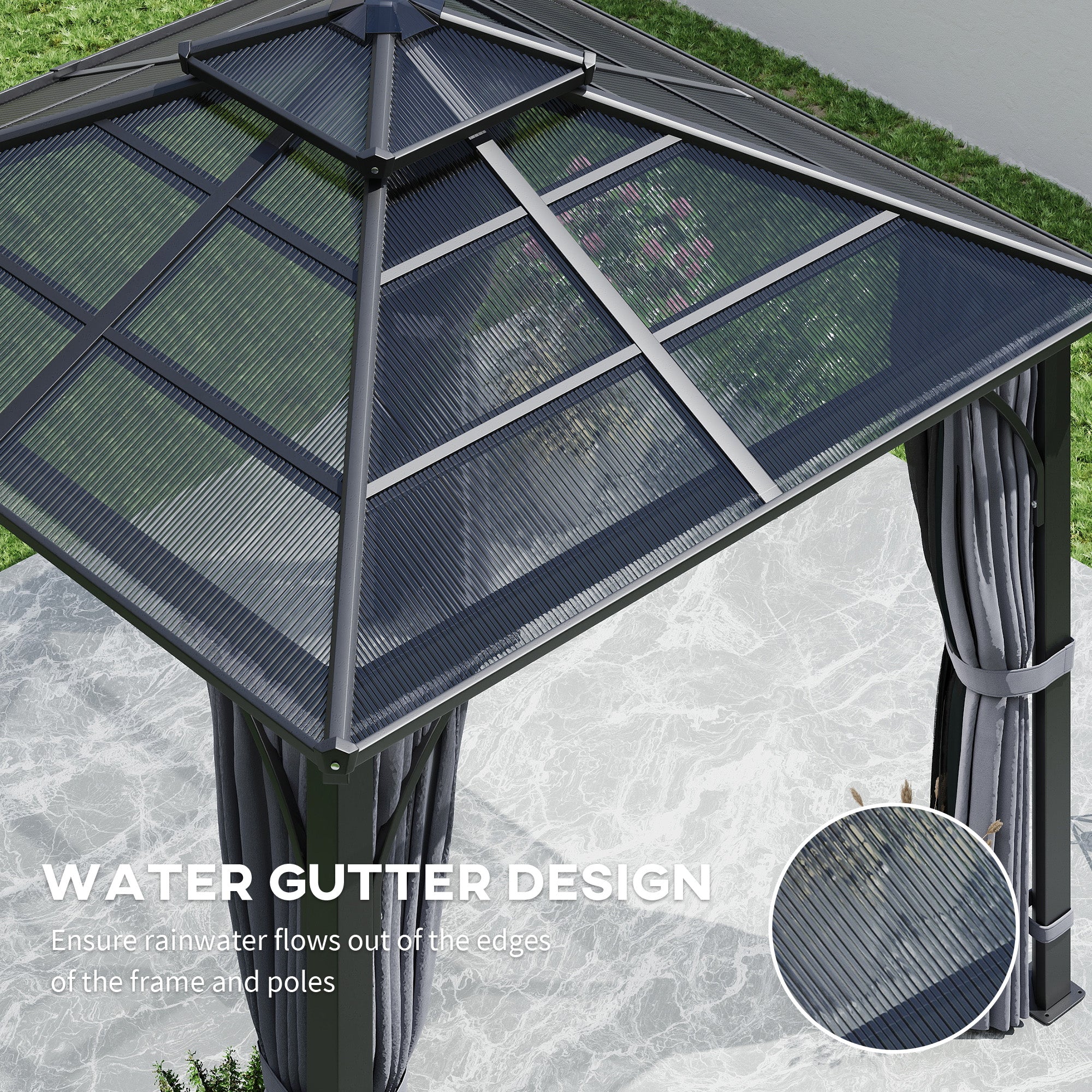 Outsunny 3 x 3(m) Hardtop Gazebo Canopy with 7mm Polycarbonate Double-Tier Roof, Garden Gazebo Permanent Pavilion with Mosquito Netting and Curtains for Patio, Deck, Dark Grey