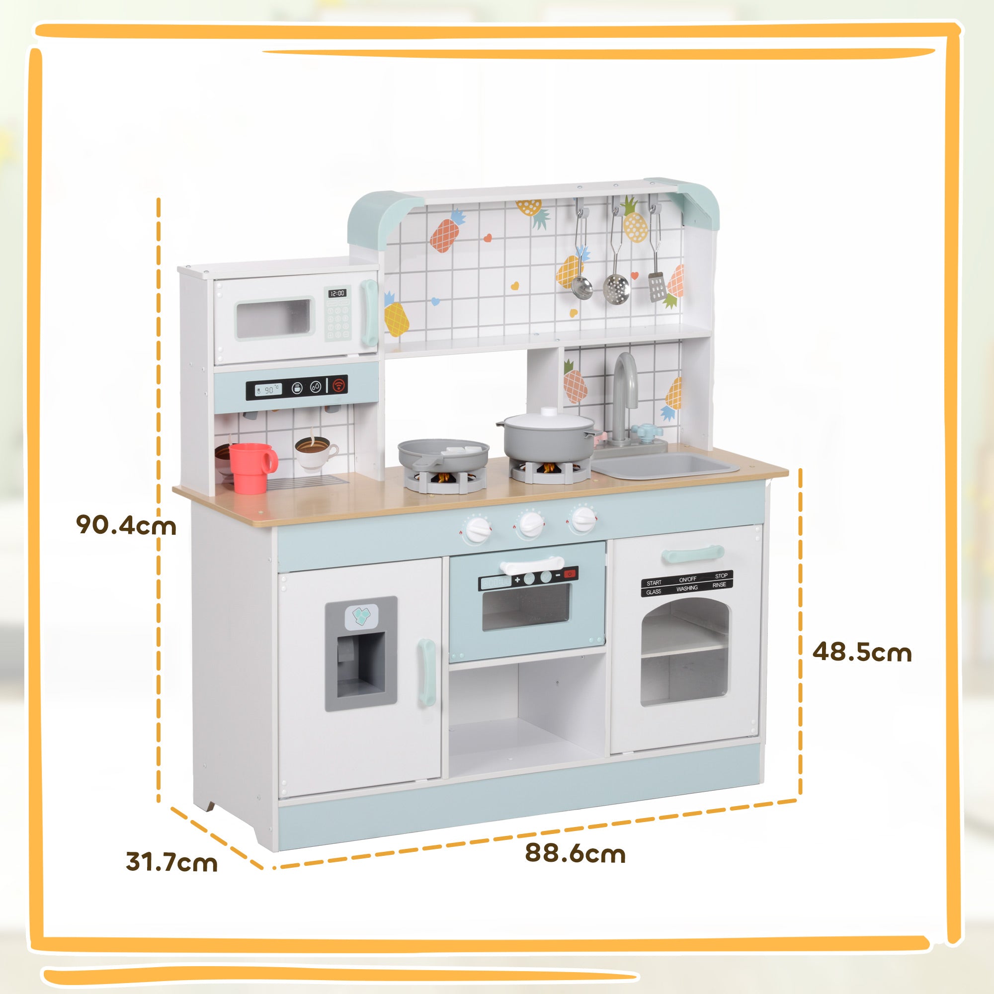 AIYAPLAY Toy Kitchen, Pretend Role Play Kitchen with Hob, Sound and Light, Coffee Machine, Ice Maker, Microwave - North Peak Garden Furniture