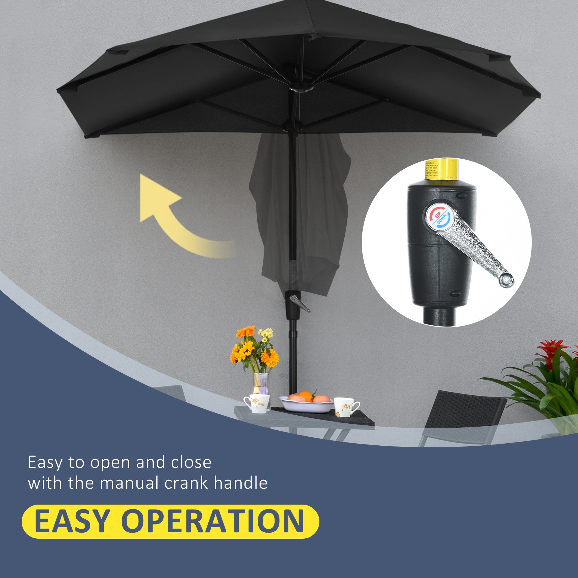 Outsunny 2m Half Parasol Market Umbrella Garden Balcony Parasol with Crank Handle, Base, Double-Sided Canopy, Black - North Peak Garden Furniture